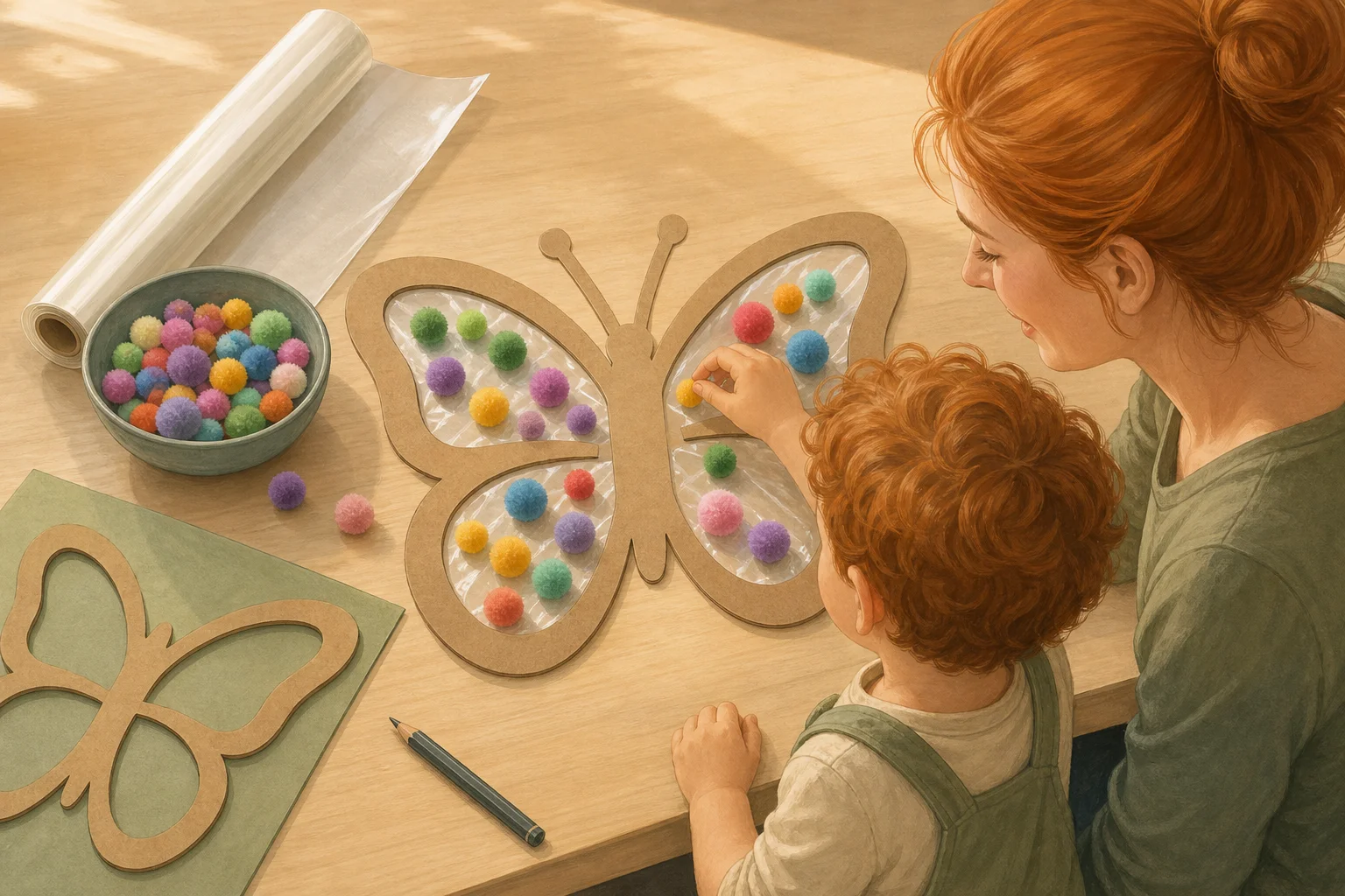 Illustration zur Lomiva-Idee „Klebe-Schmetterling mit Pompons“.