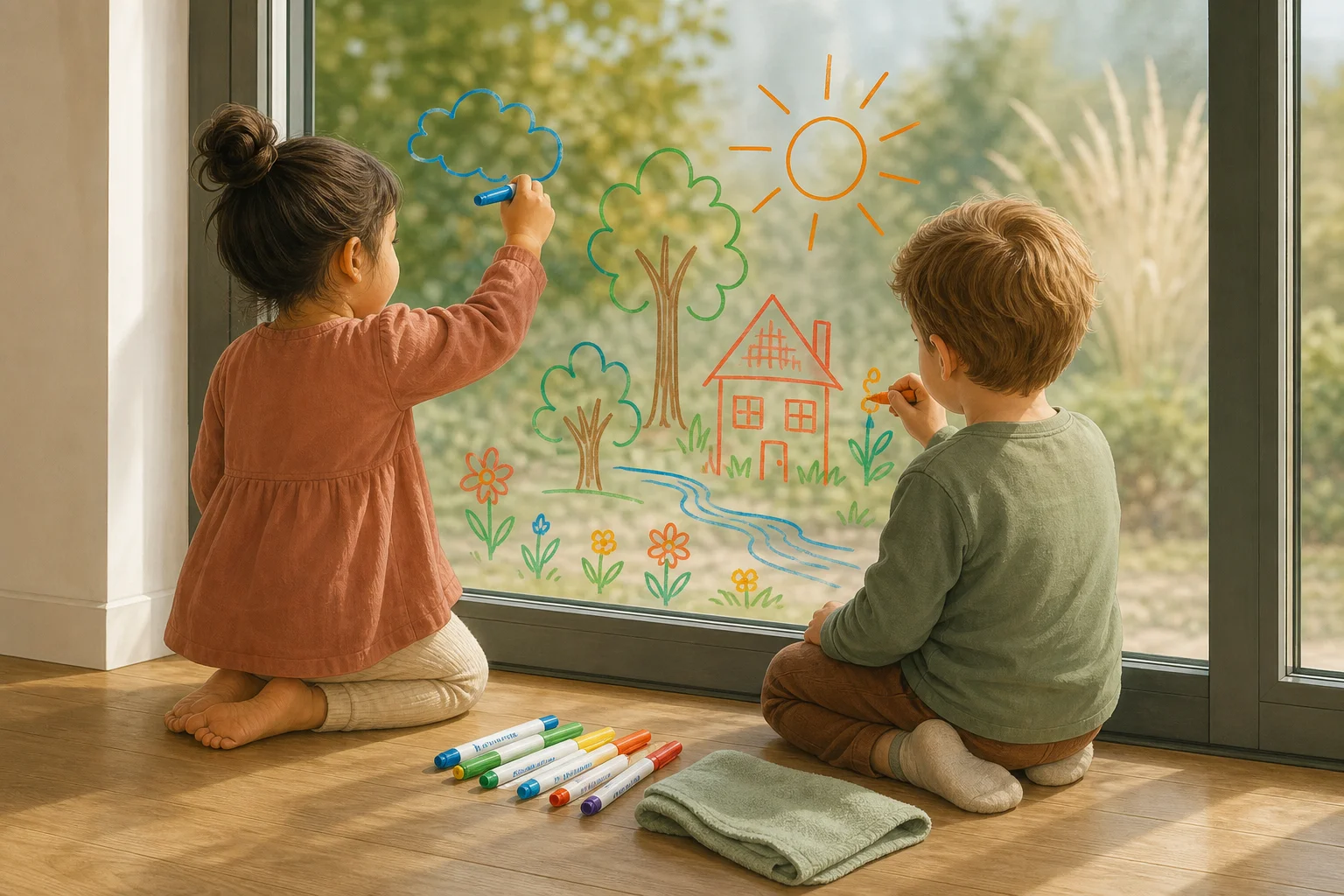 Illustration zur Lomiva-Idee „Fenstermalerei mit abwischbaren Stiften“.