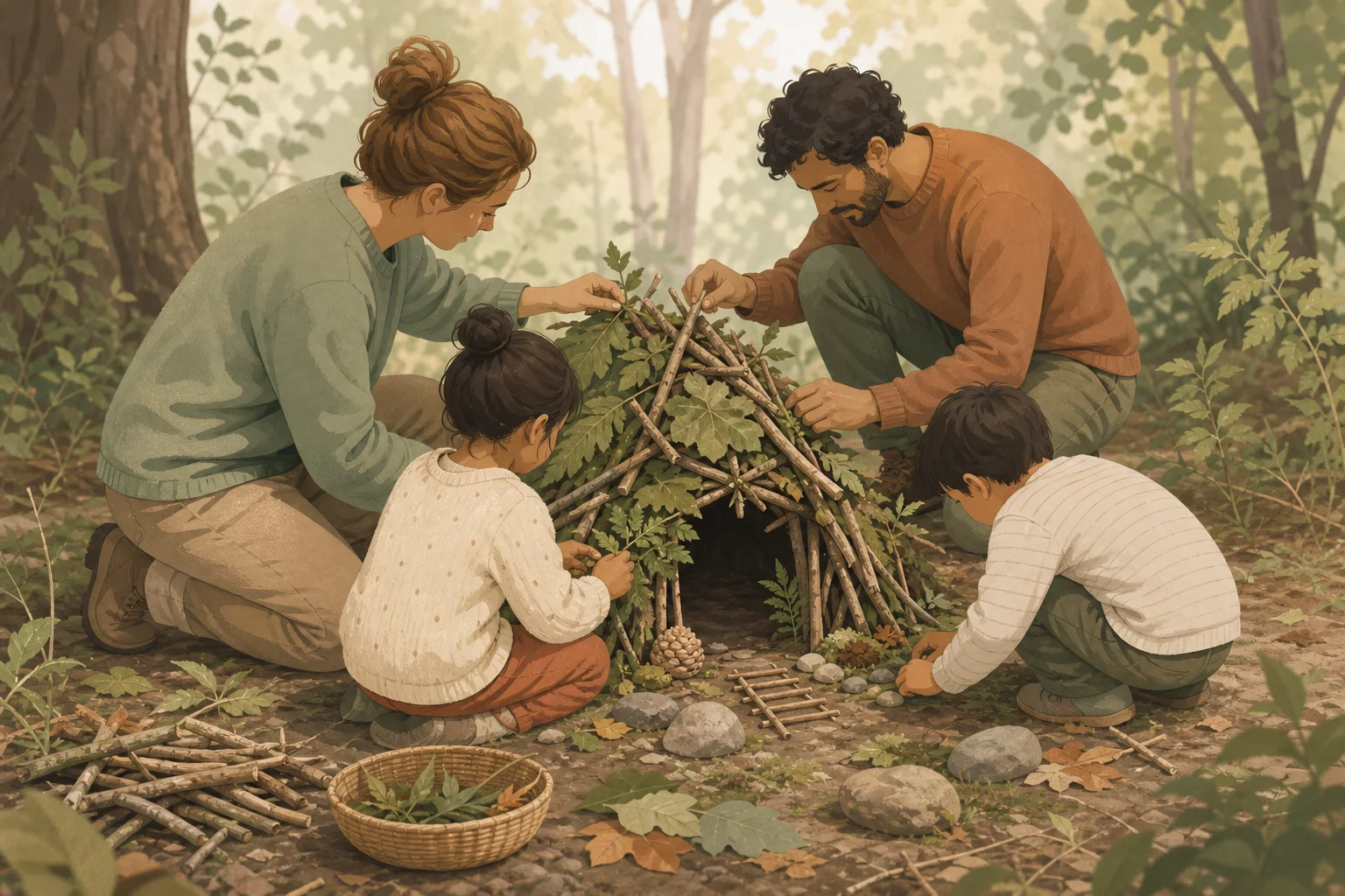 Illustration zur Lomiva-Idee „Mini-Waldhütte bauen“.
