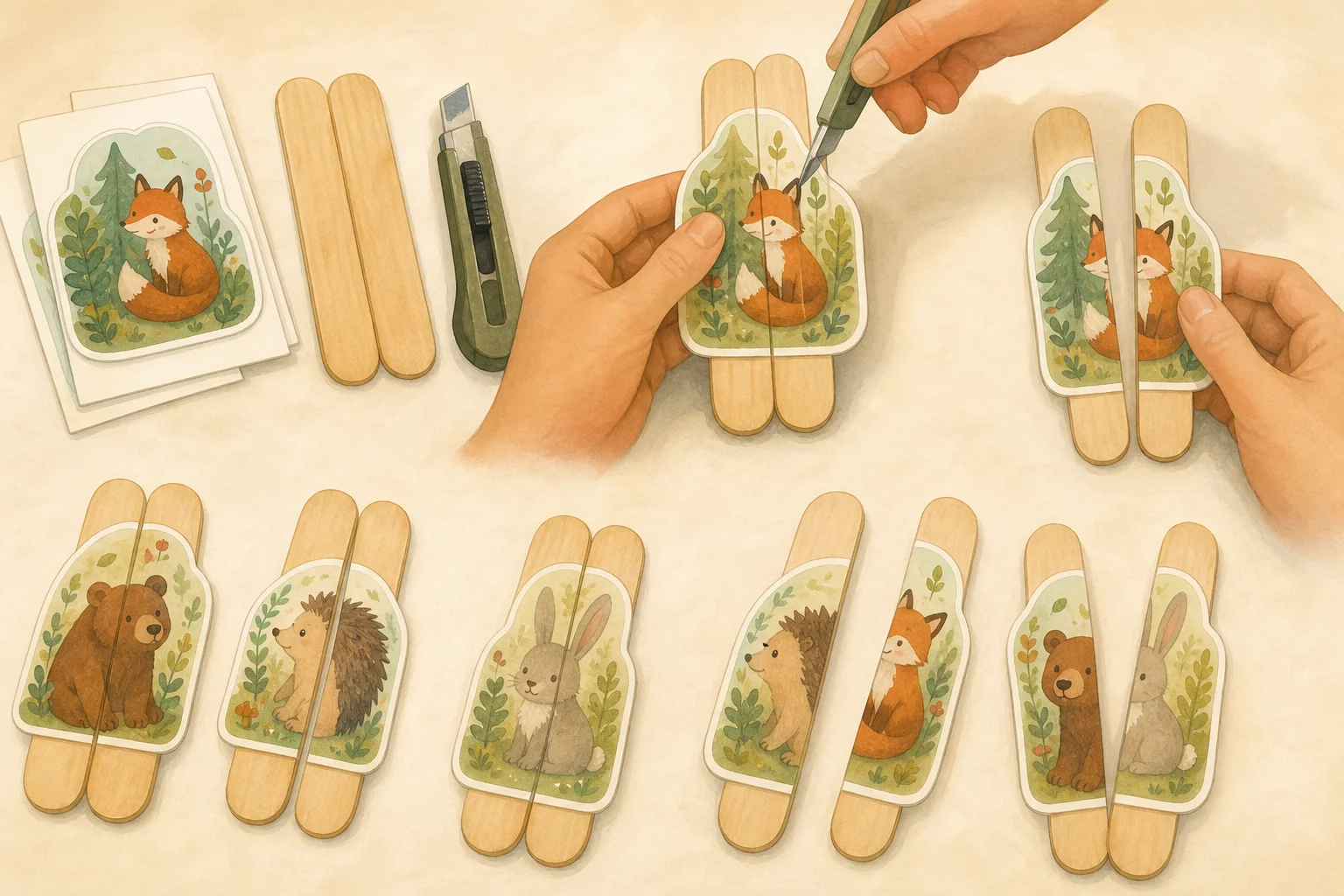 Illustration zur Lomiva-Idee „Mini-Stickerpuzzle auf Eisstielen“.