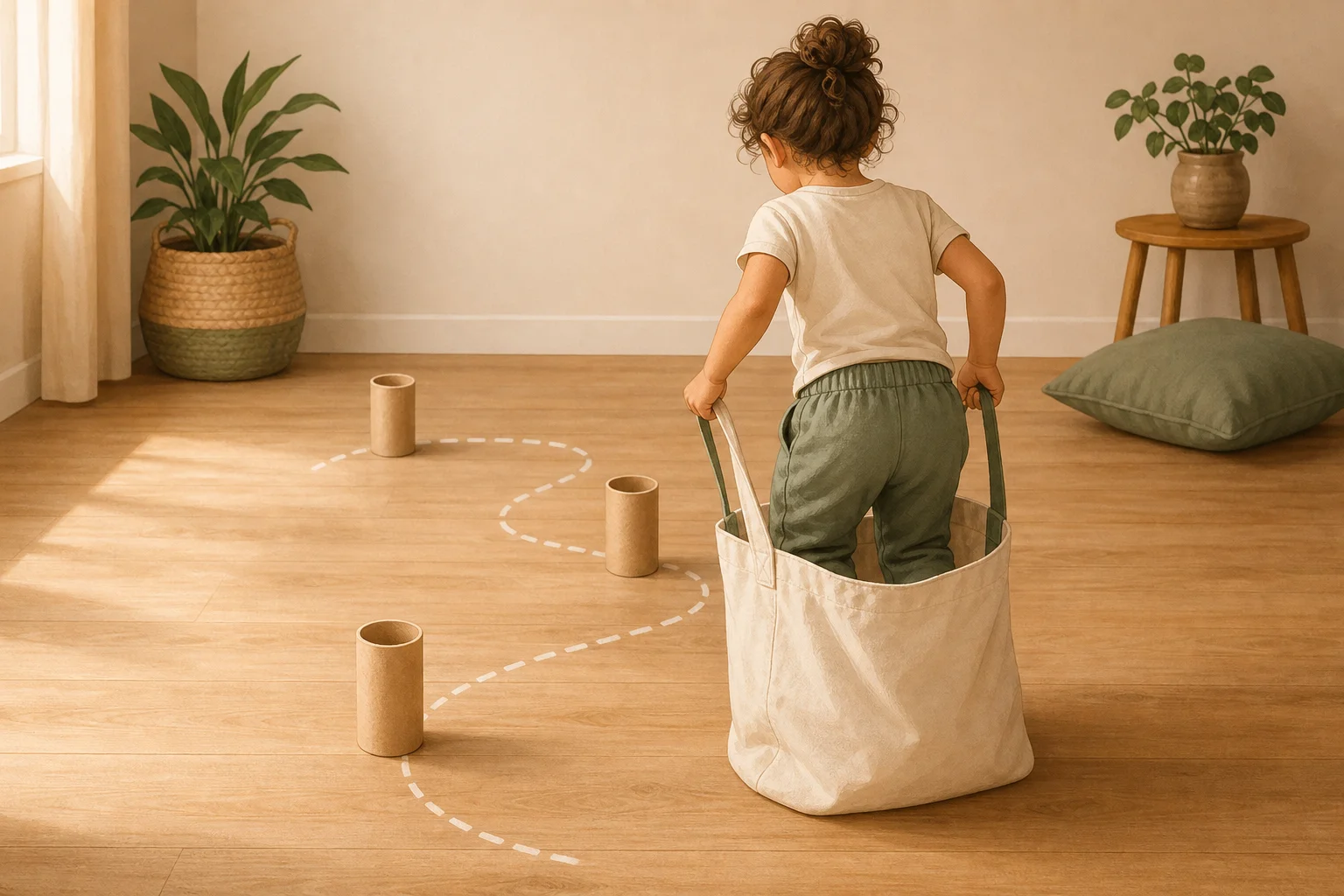 Illustration zur Lomiva-Idee „Sackrennen mit Einkaufstaschen“.