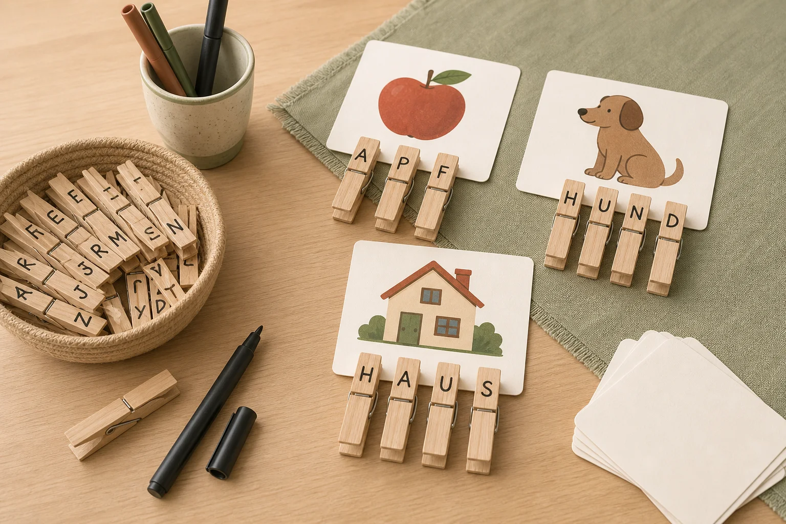 Illustration zur Lomiva-Idee „Wörter mit Buchstaben-Wäscheklammern“.
