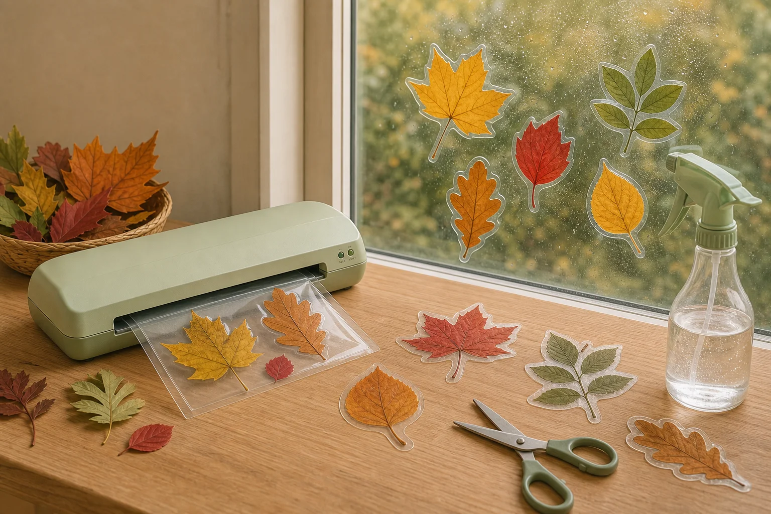 Illustration zur Lomiva-Idee „Laminierte Blätter am Fenster“.