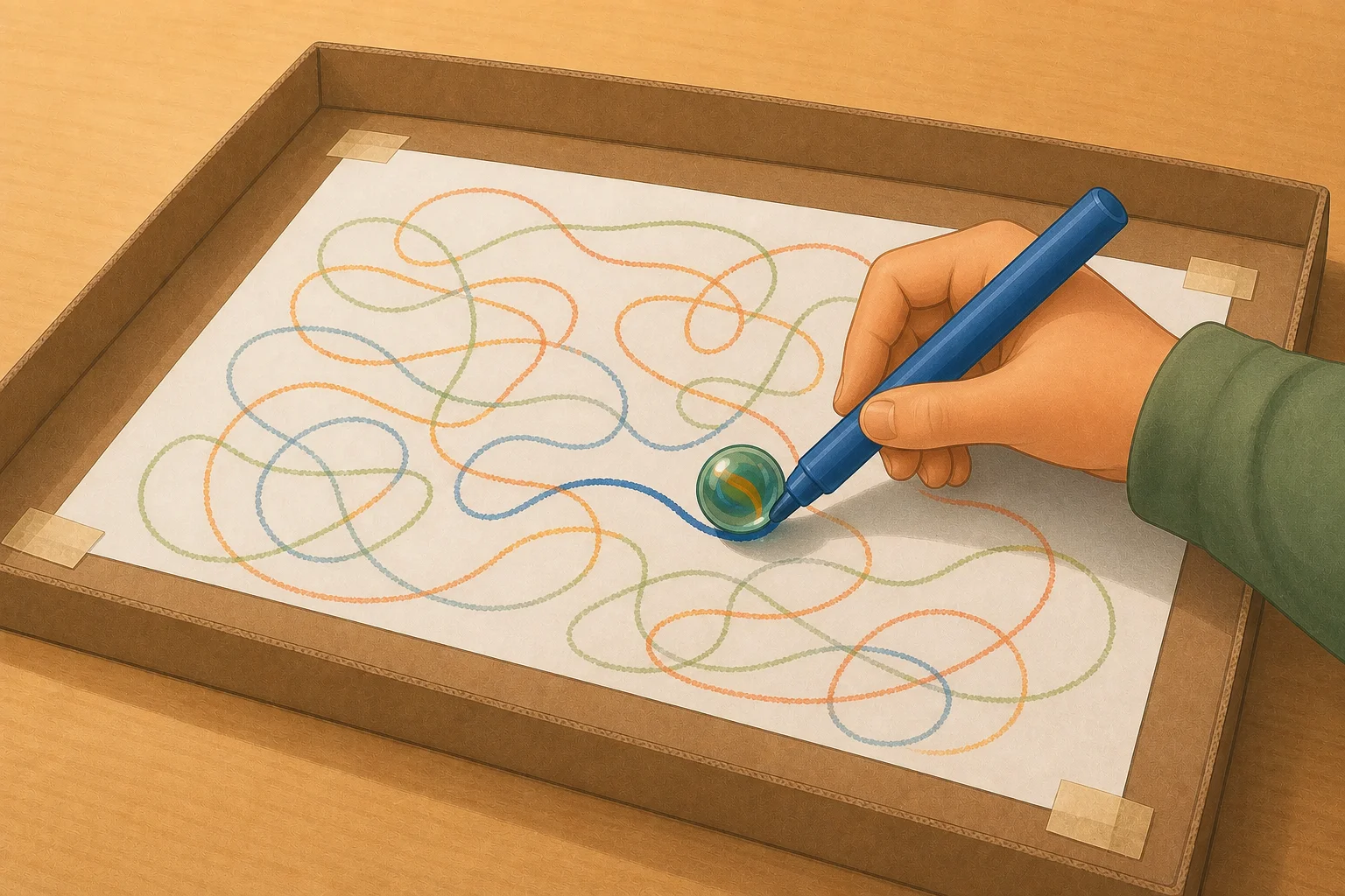 Illustration zur Lomiva-Idee „Die Murmel malt den Weg“.