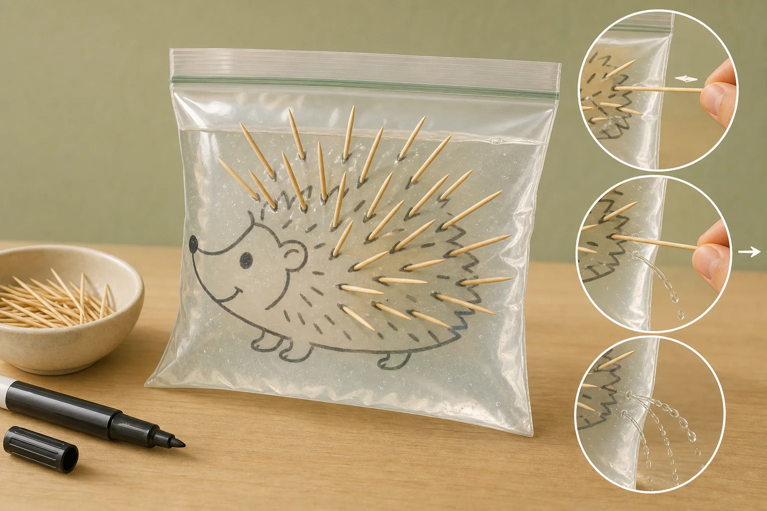 Illustration zur Lomiva-Idee „Zahnstocher-Igel im Wasserbeutel“.
