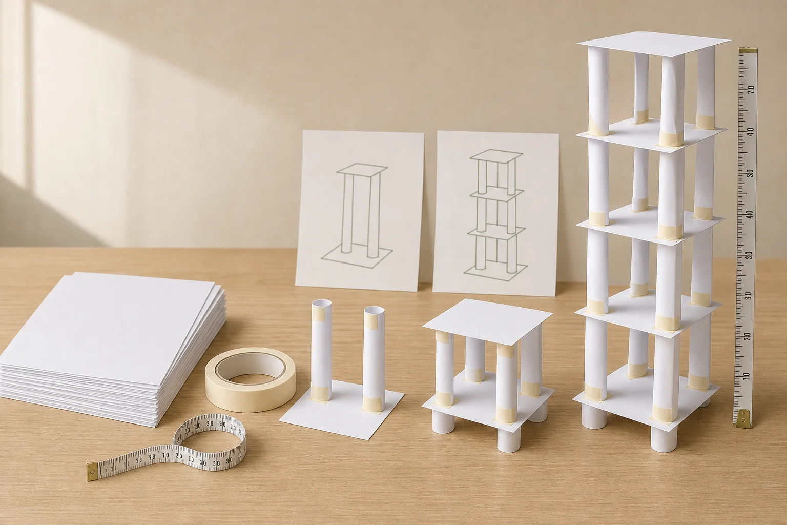 Illustration zur Lomiva-Idee „Papierturm mit Materiallimit“.