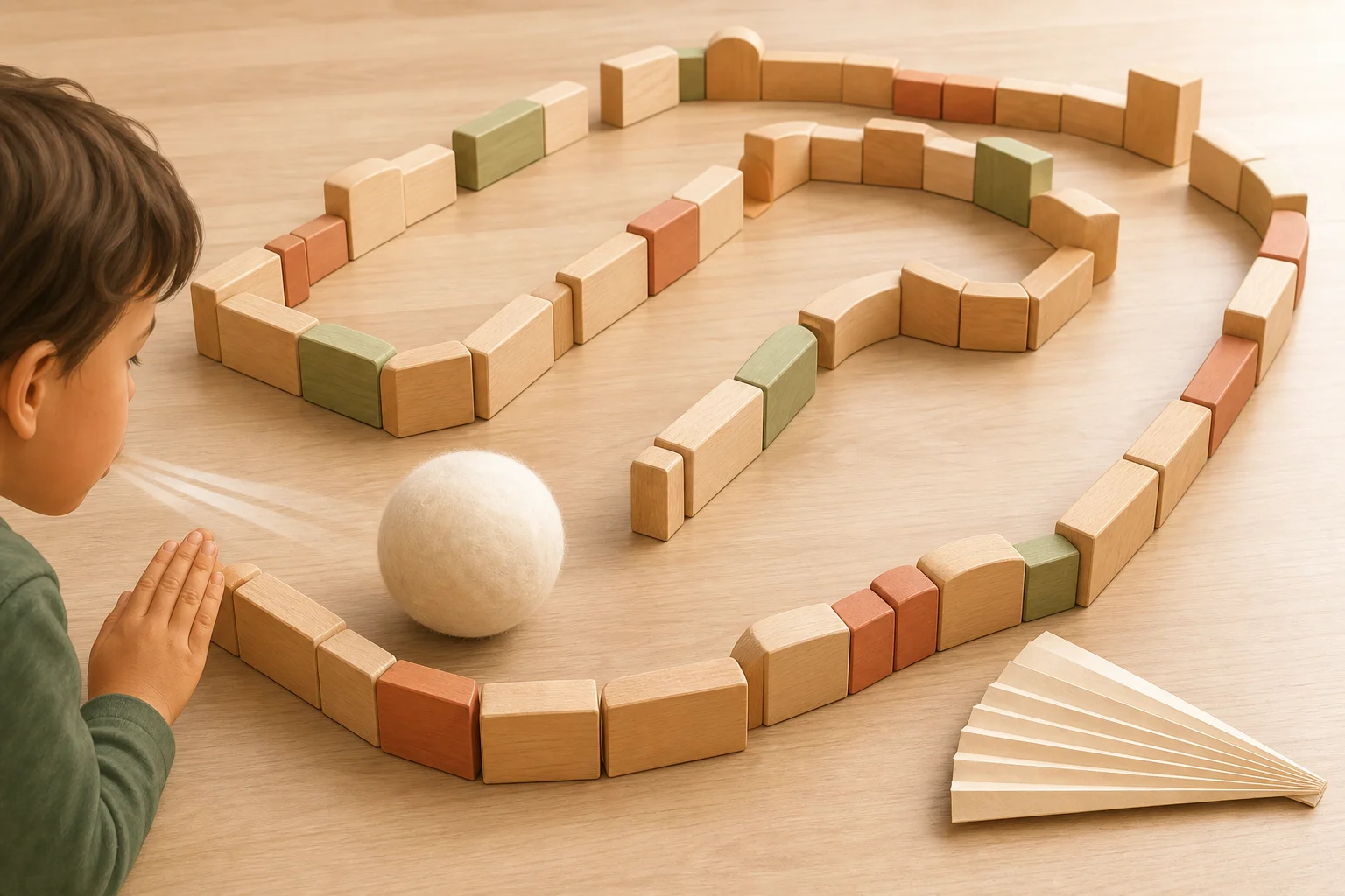Illustration zur Lomiva-Idee „Ball durchs Baustein-Labyrinth pusten“.