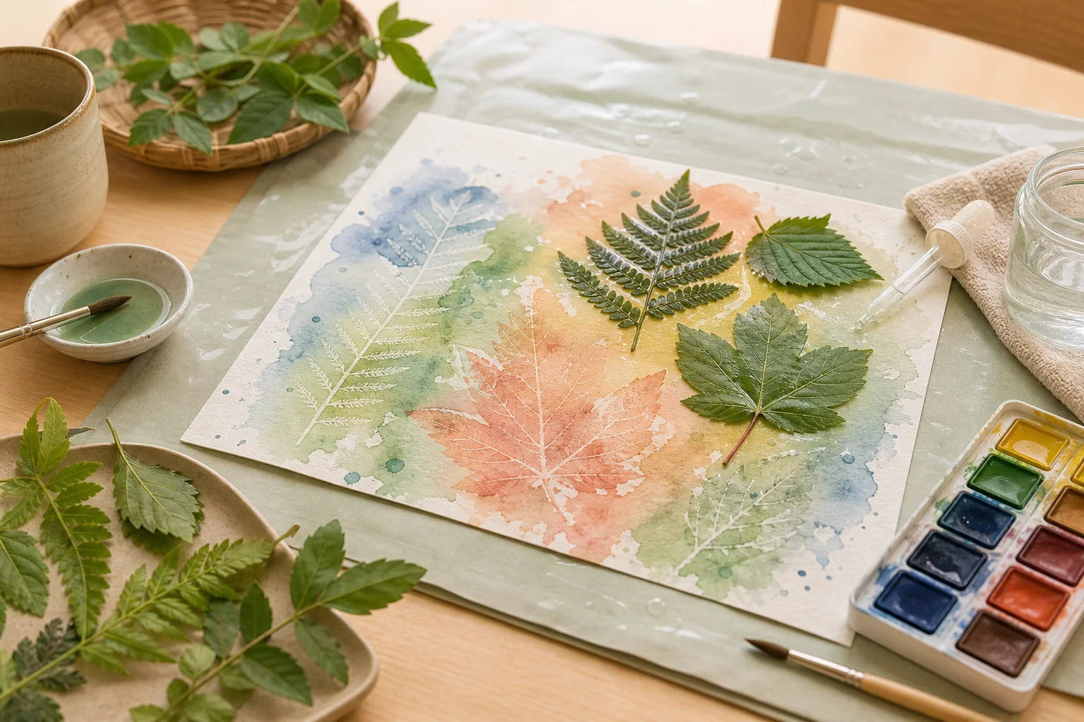 Illustration zur Lomiva-Idee „Magische Blattabdrücke mit Wasserfarben“.