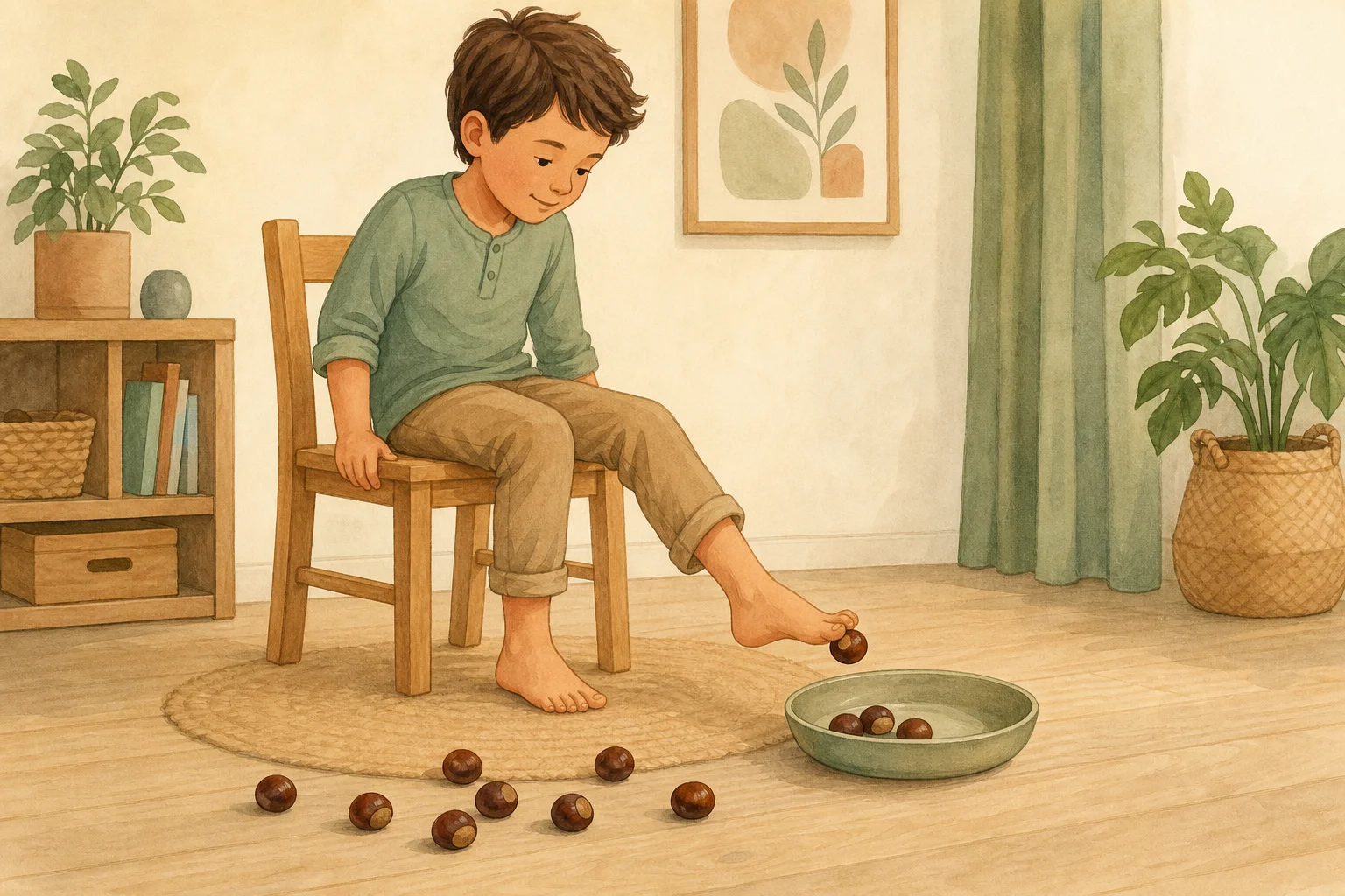 Illustration zur Lomiva-Idee „Kastanien mit den Füßen einsammeln“.