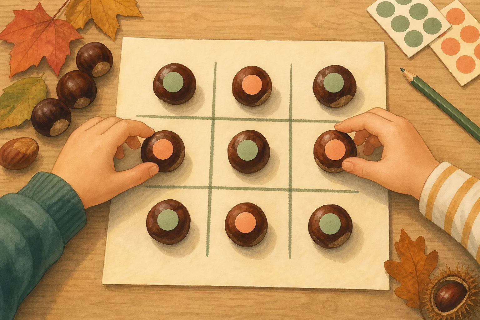 Illustration zur Lomiva-Idee „Kastanien-Tic-Tac-Toe“.