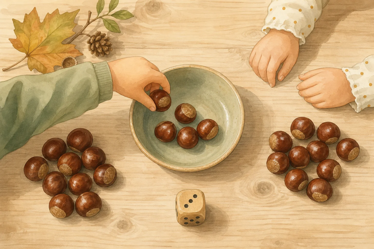 Illustration zur Lomiva-Idee „Würfelspiel: Wer wird seine Kastanien zuerst los?“.
