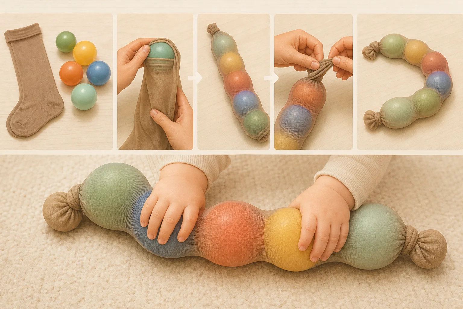 Illustration zur Lomiva-Idee „Bunte Bälle-Schlange zum Greifen“.