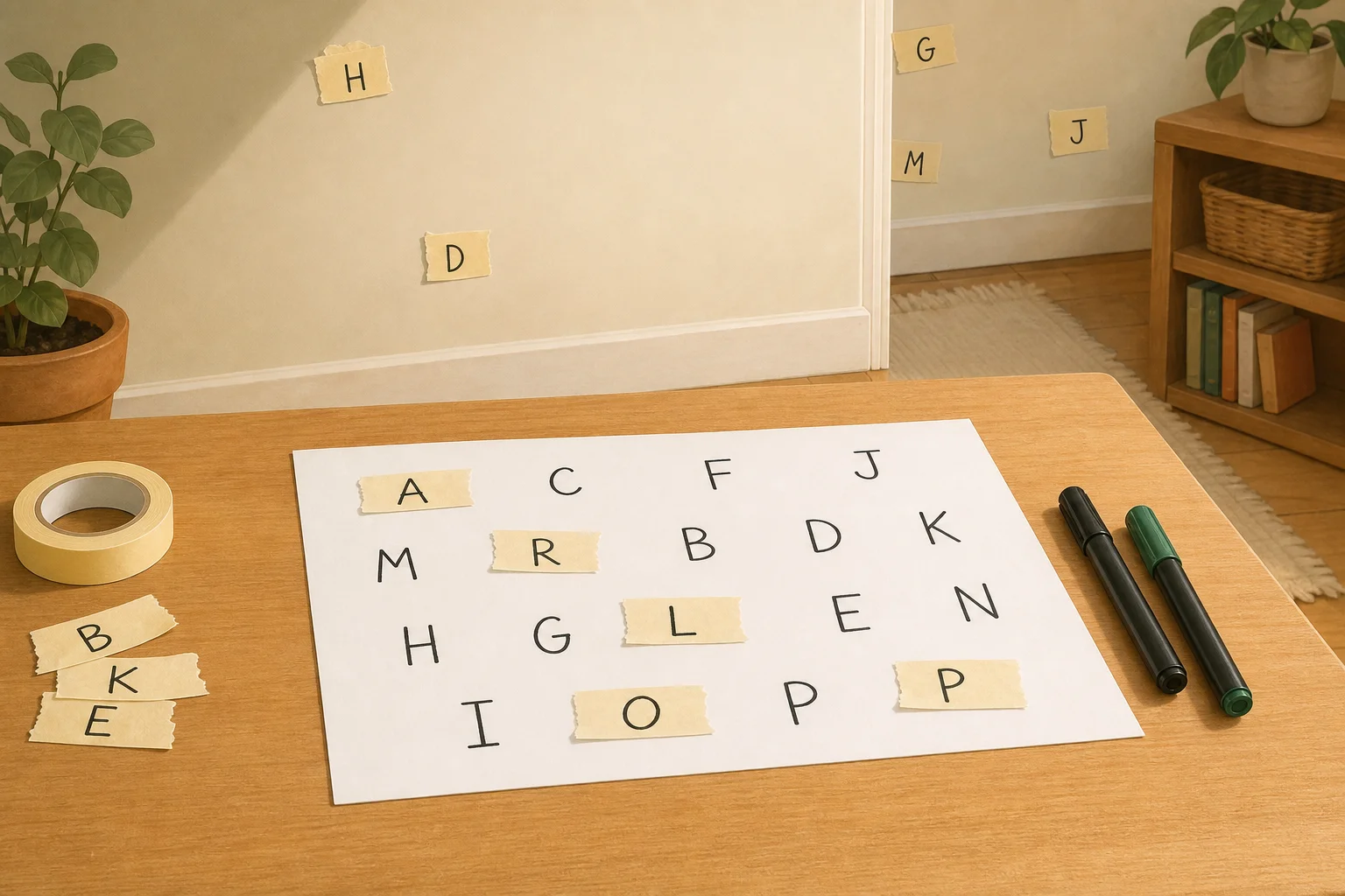 Illustration zur Lomiva-Idee „Buchstaben suchen und zuordnen“.