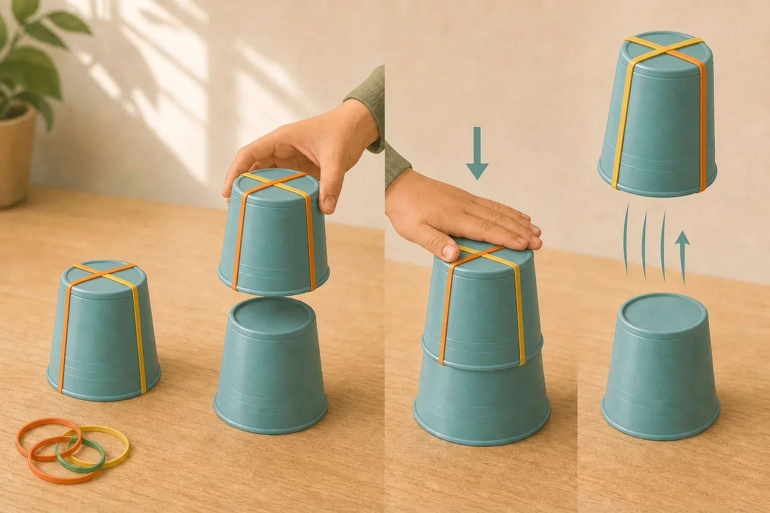 Illustration zur Lomiva-Idee „Gummiband-Becher-Hüpfspiel“.