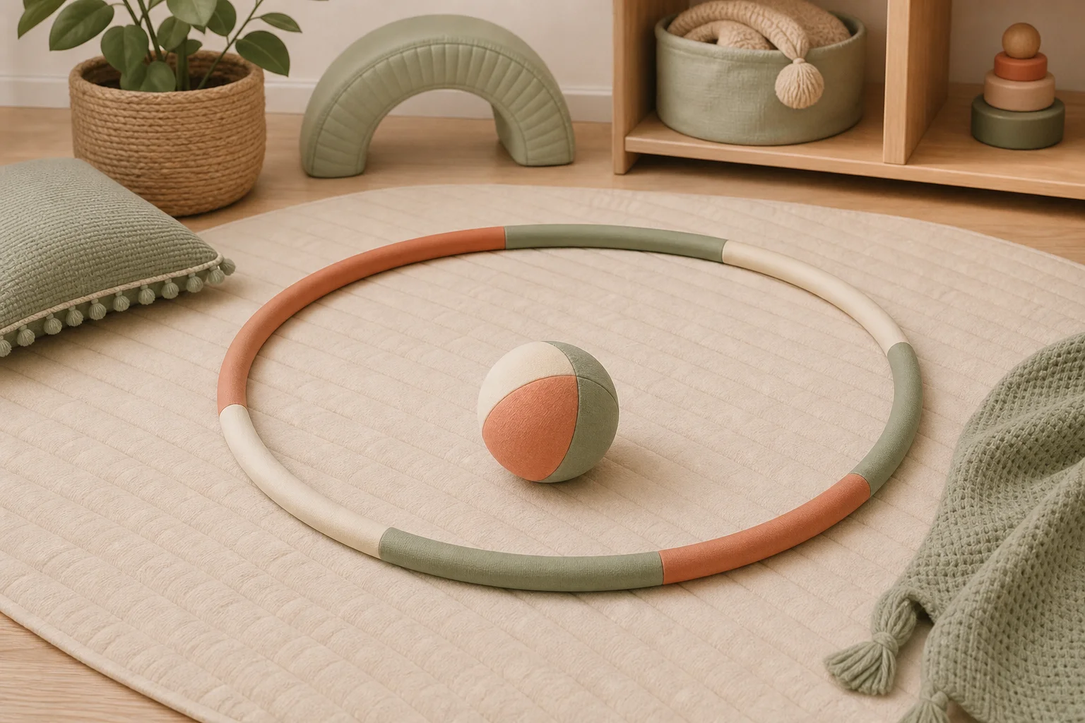 Illustration zur Lomiva-Idee „Ball im Hula-Hoop-Kreis“.