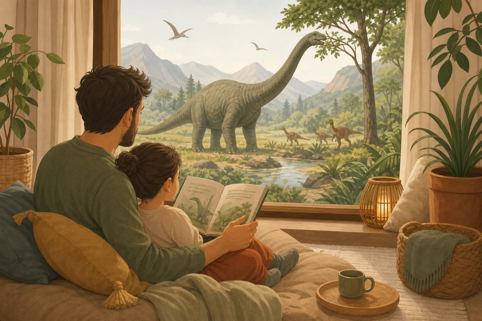 Illustration zur Lomiva-Idee „Besuch bei den Dinosauriern“.