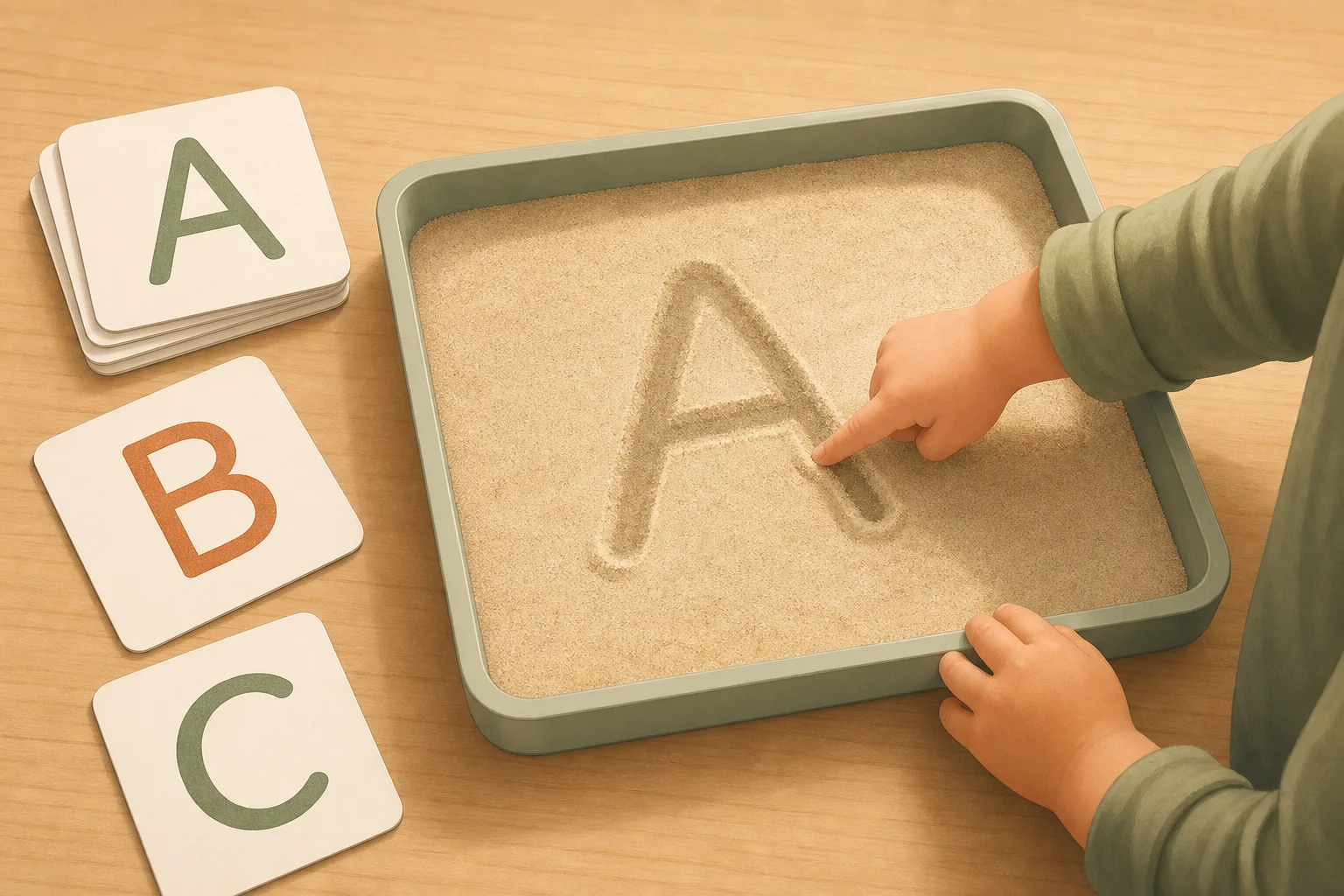 Illustration zur Lomiva-Idee „Buchstaben im Sand entdecken“.