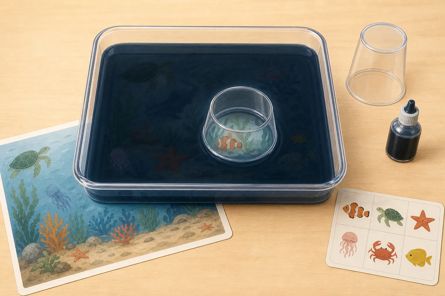 Illustration zur Lomiva-Idee „Meerestiere im dunklen Wasser suchen“.