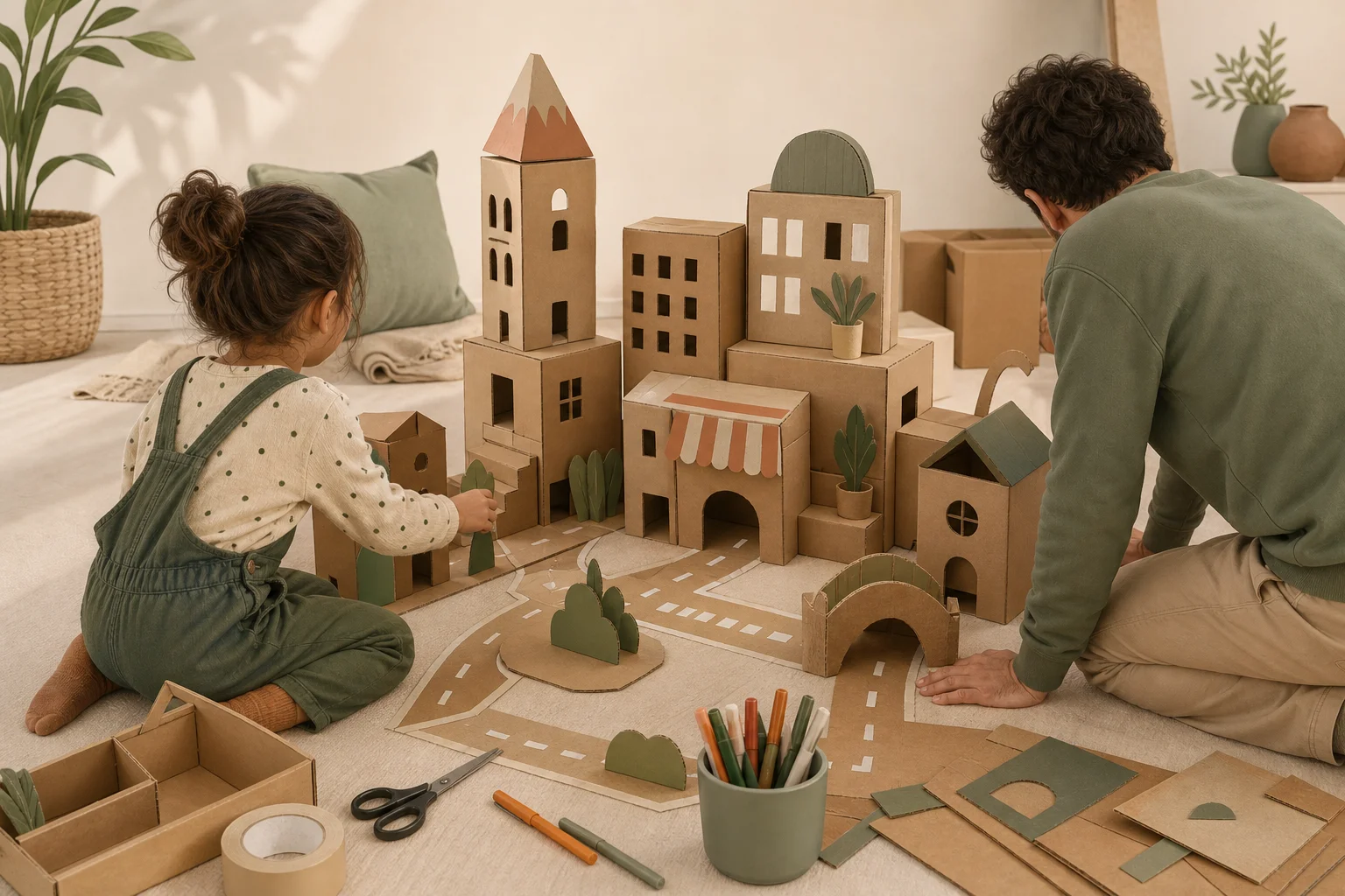 Illustration zur Lomiva-Idee „Kartonstadt mit Lieblingsorten“.