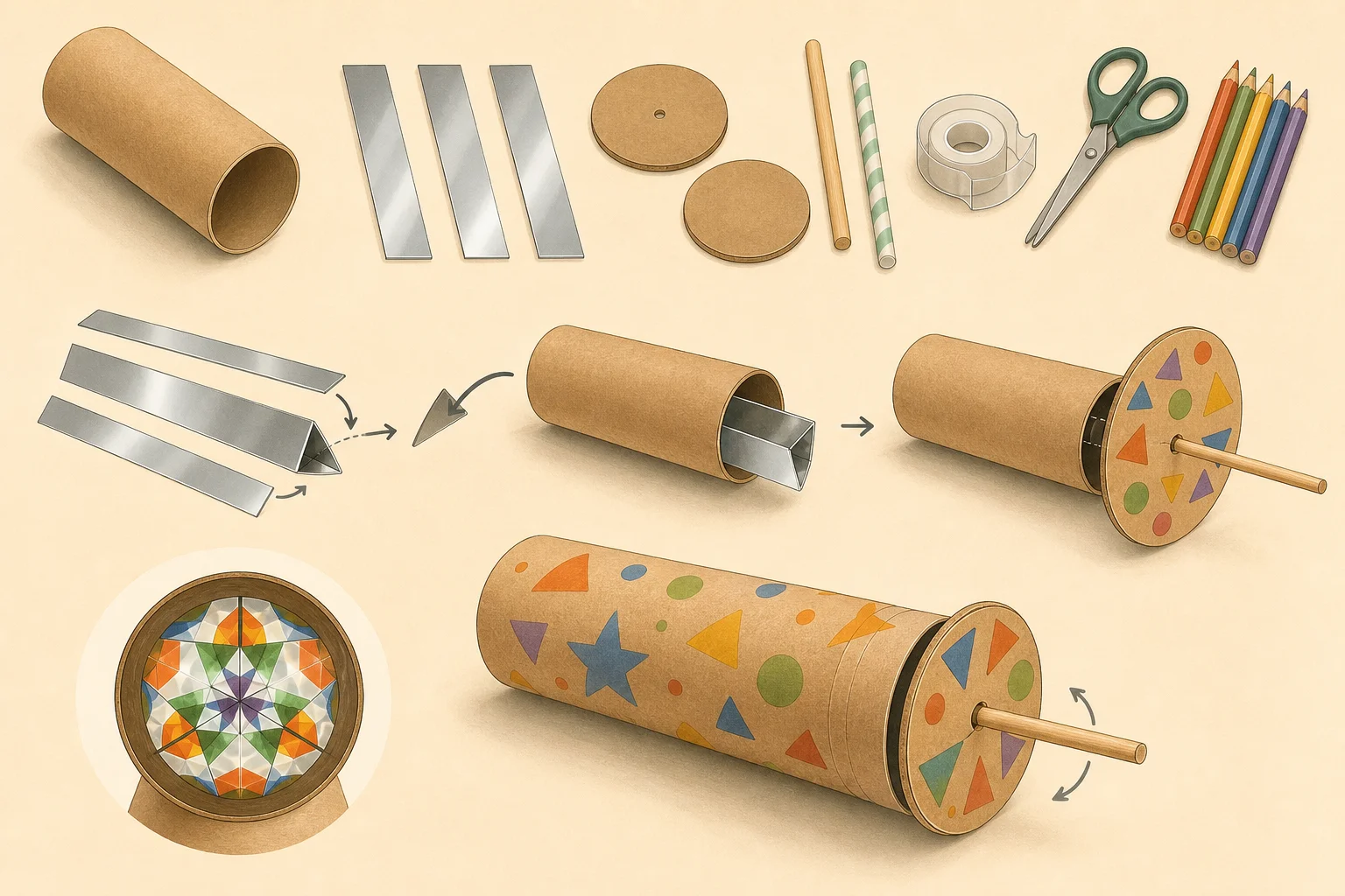 Illustration zur Lomiva-Idee „Kaleidoskop aus Papprolle“.