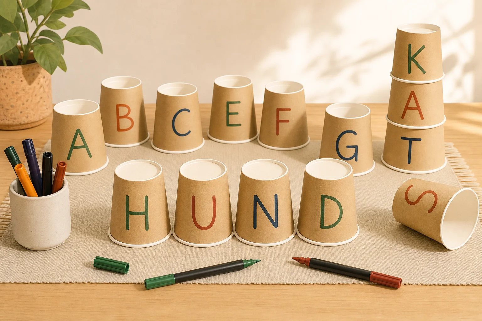 Illustration zur Lomiva-Idee „Wörter mit Buchstaben-Bechern“.