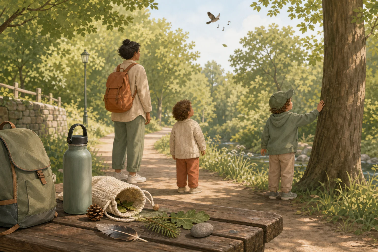 Illustration zur Lomiva-Idee „Geräuschepfad im Grünen“.