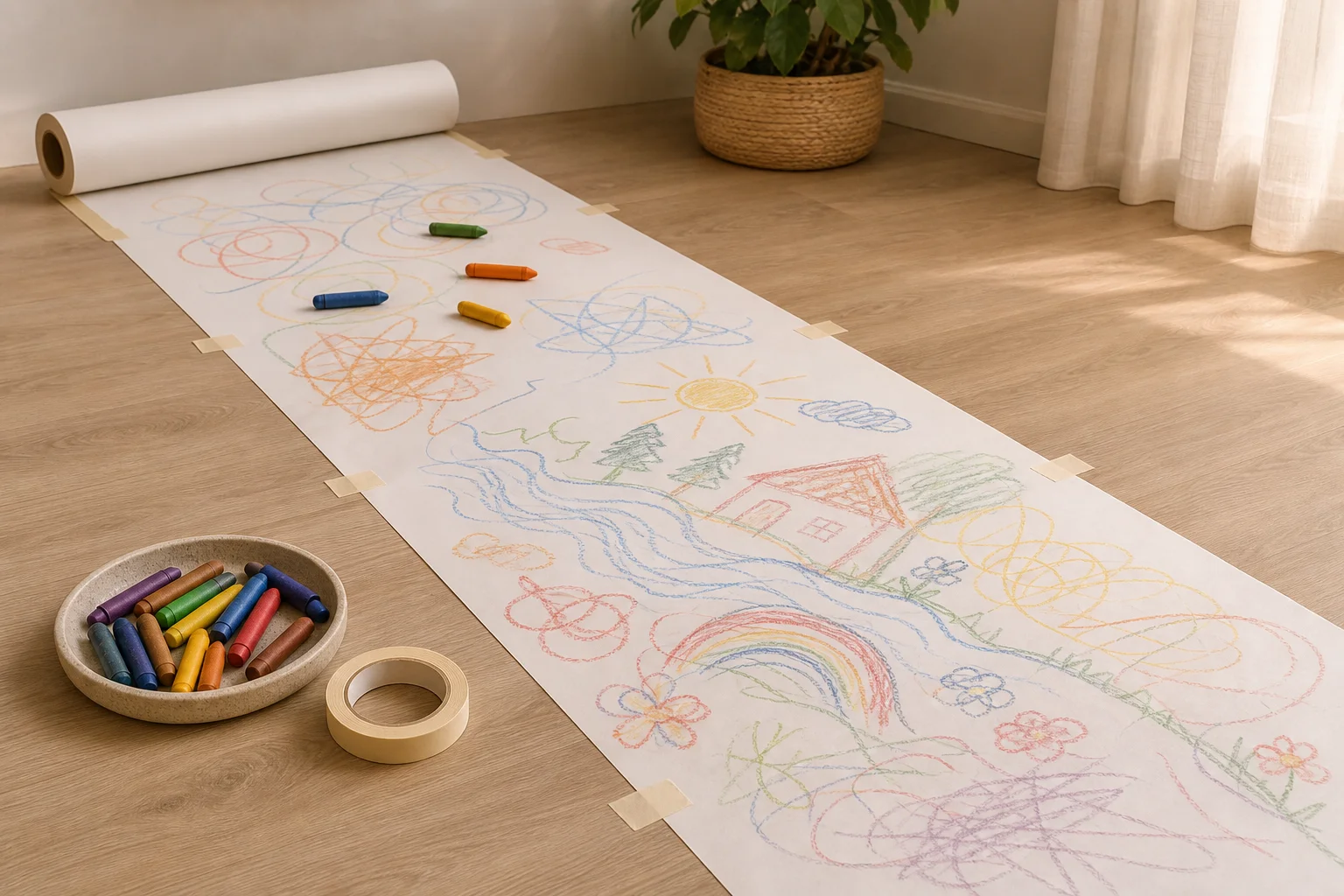 Illustration zur Lomiva-Idee „Tapetenbahn mit Wachsmalern“.