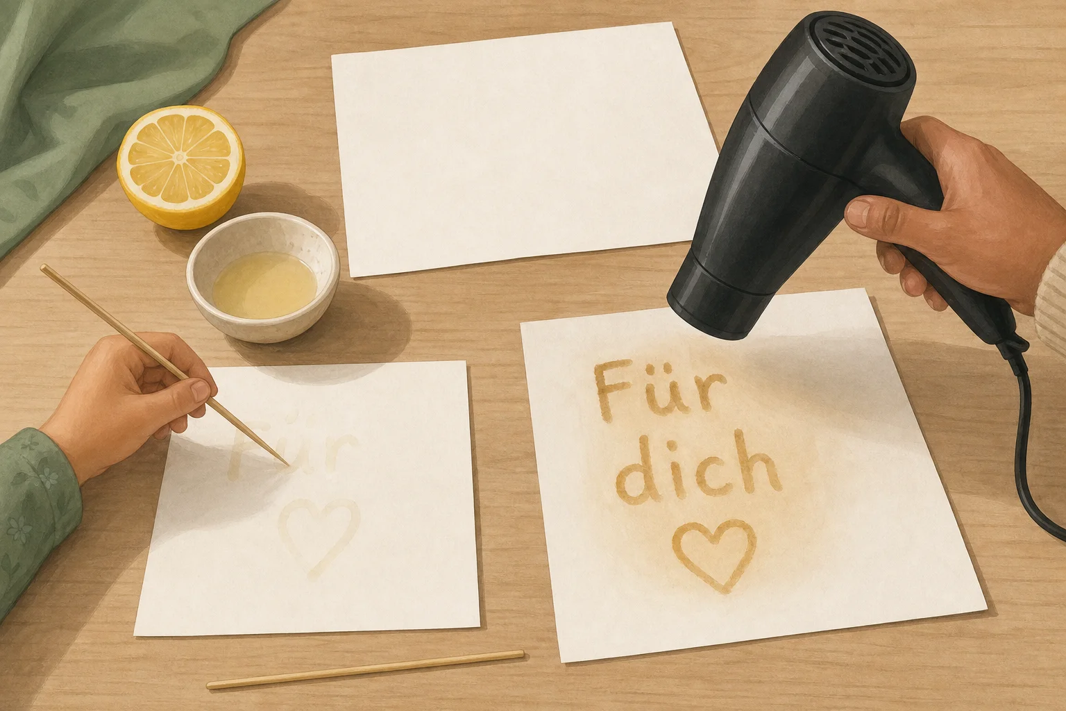 Illustration zur Lomiva-Idee „Geheime Botschaften mit Zitronensaft“.