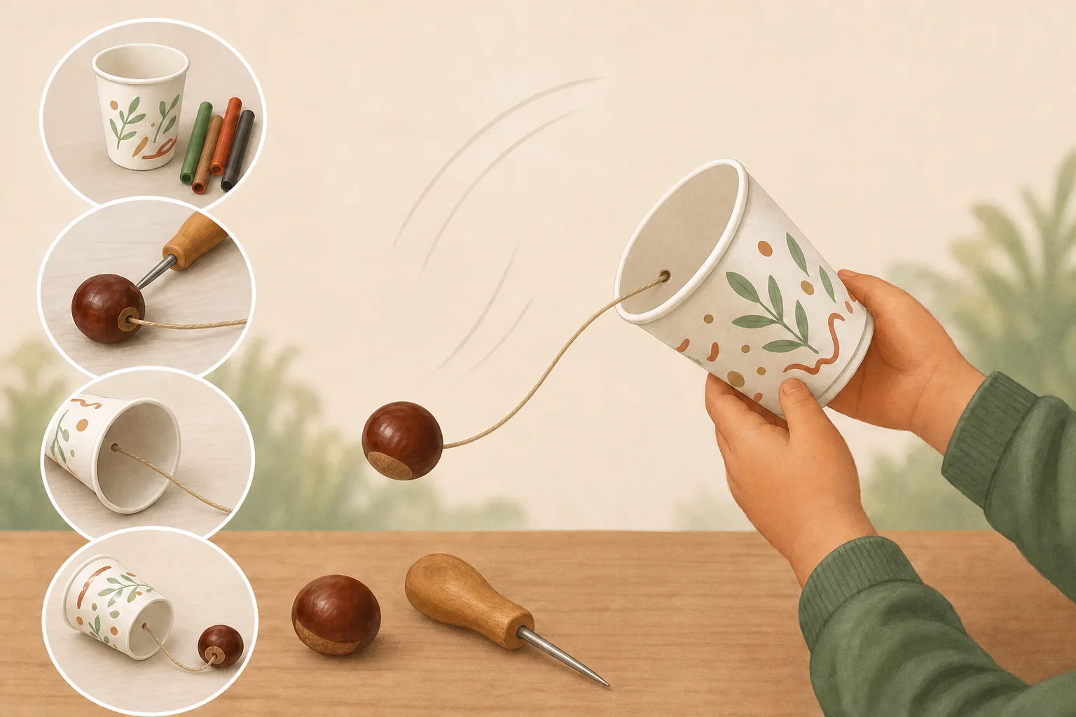 Illustration zur Lomiva-Idee „Kastanien-Fangbecher“.