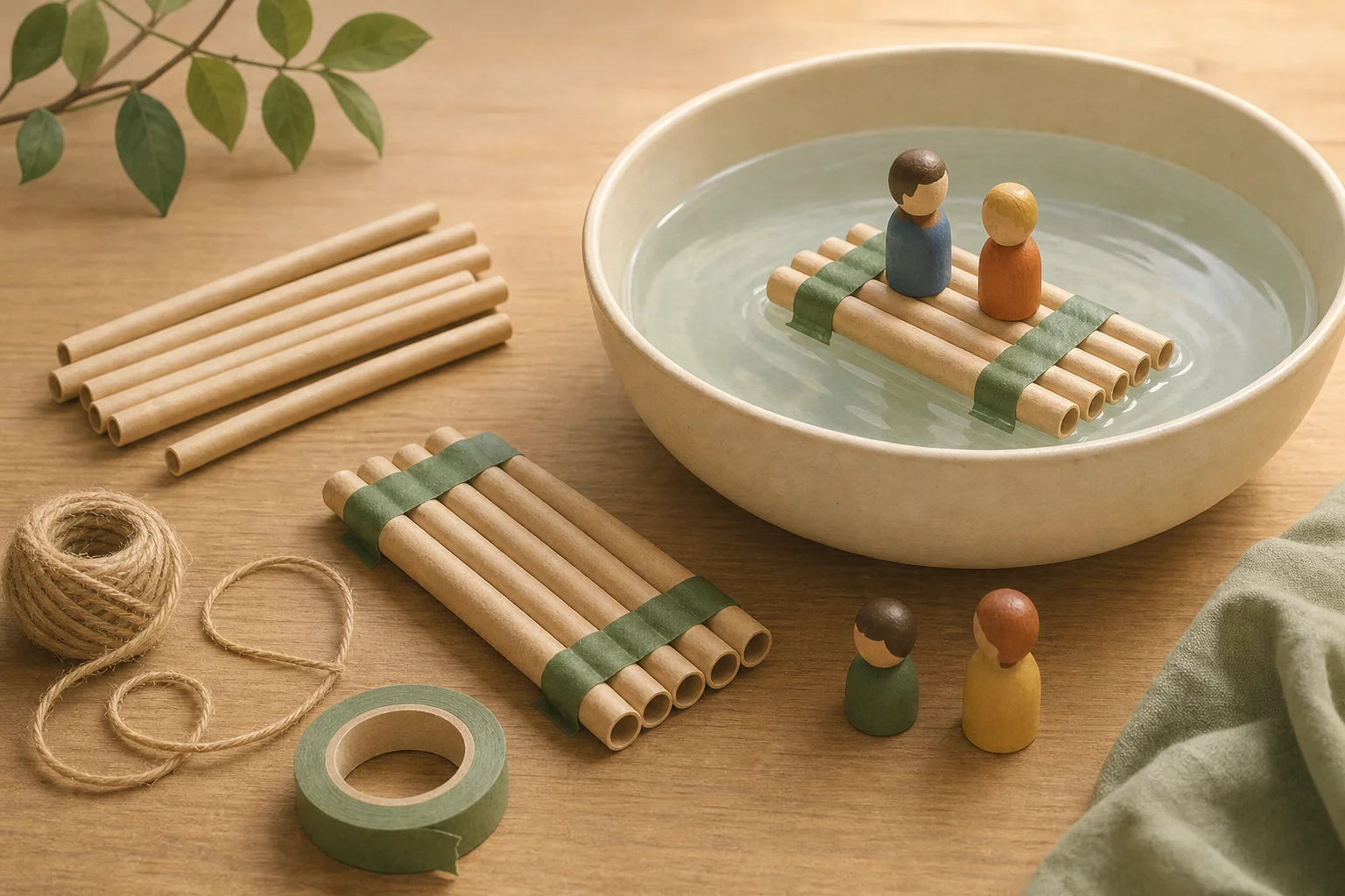 Illustration zur Lomiva-Idee „Ein kleines Floß bauen“.