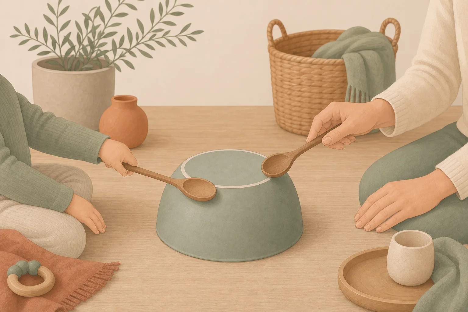 Illustration zur Lomiva-Idee „Klang mit Schüssel und Kochlöffel“.