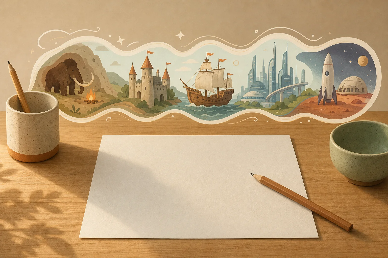 Illustration zur Lomiva-Idee „Zeitreise als Fortsetzungsgeschichte“.