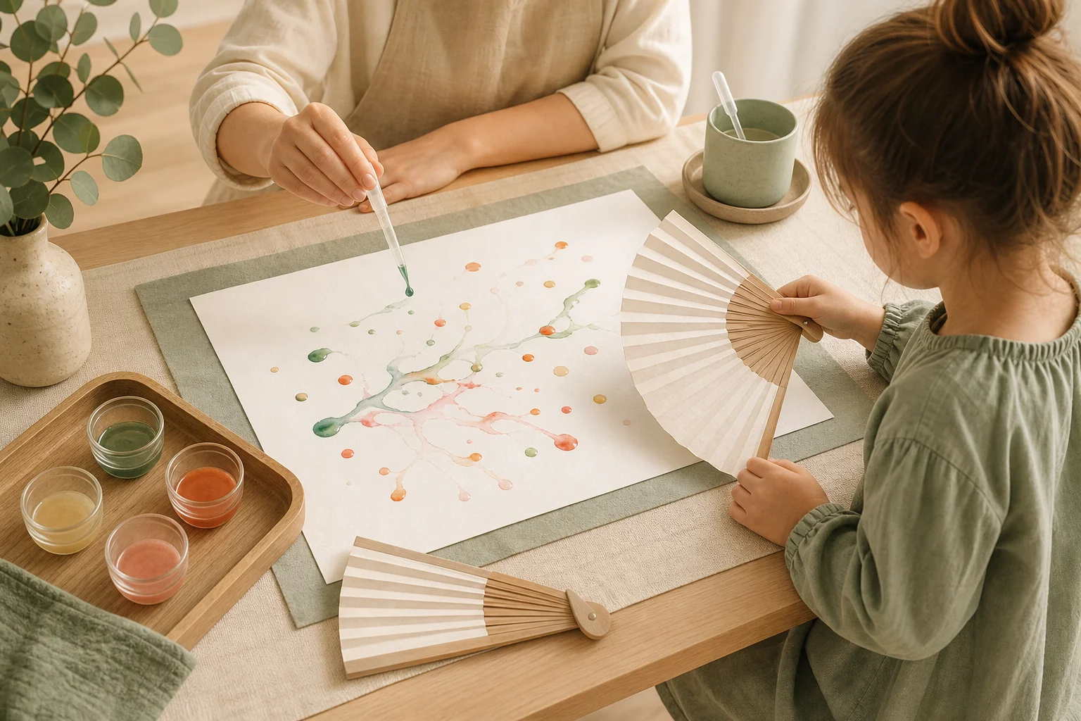 Illustration zur Lomiva-Idee „Farben mit Fächerwind bewegen“.
