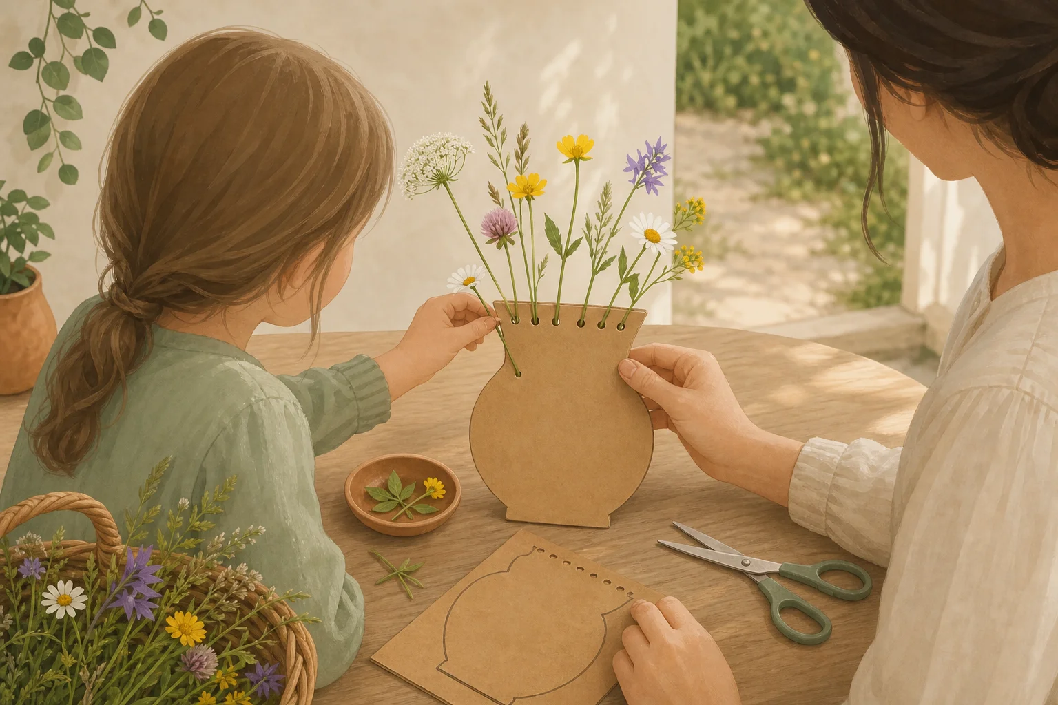 Illustration zur Lomiva-Idee „Blumenvase aus Karton“.