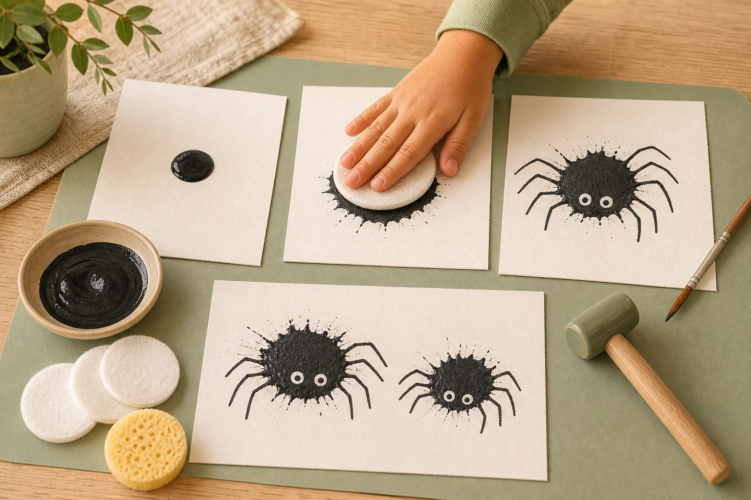 Illustration zur Lomiva-Idee „Spider-Splat: Spinnen aus Farbklecksen“.
