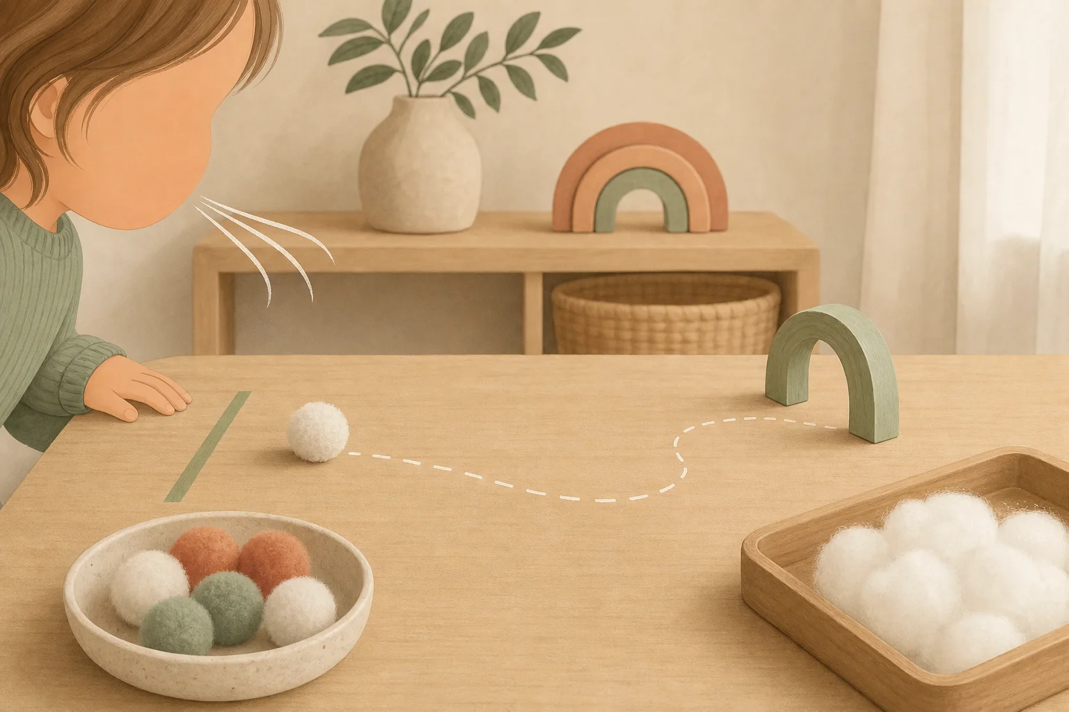 Illustration zur Lomiva-Idee „Watte- oder Pompon-Pusten“.