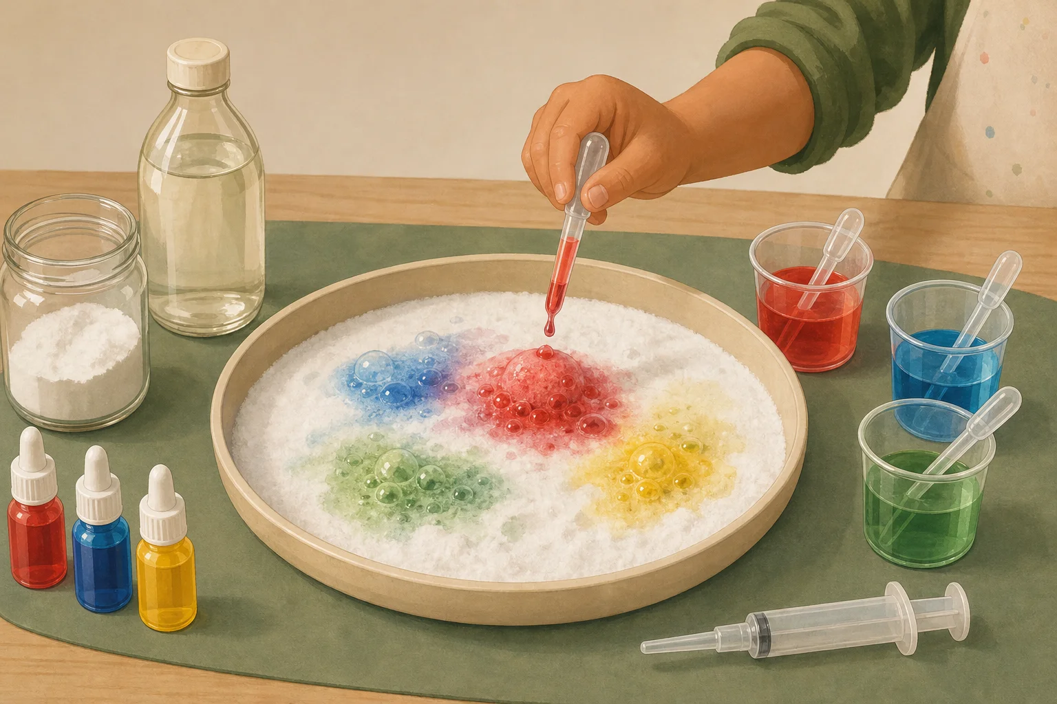 Illustration zur Lomiva-Idee „Buntes Natron-Essig-Sprudellabor“.