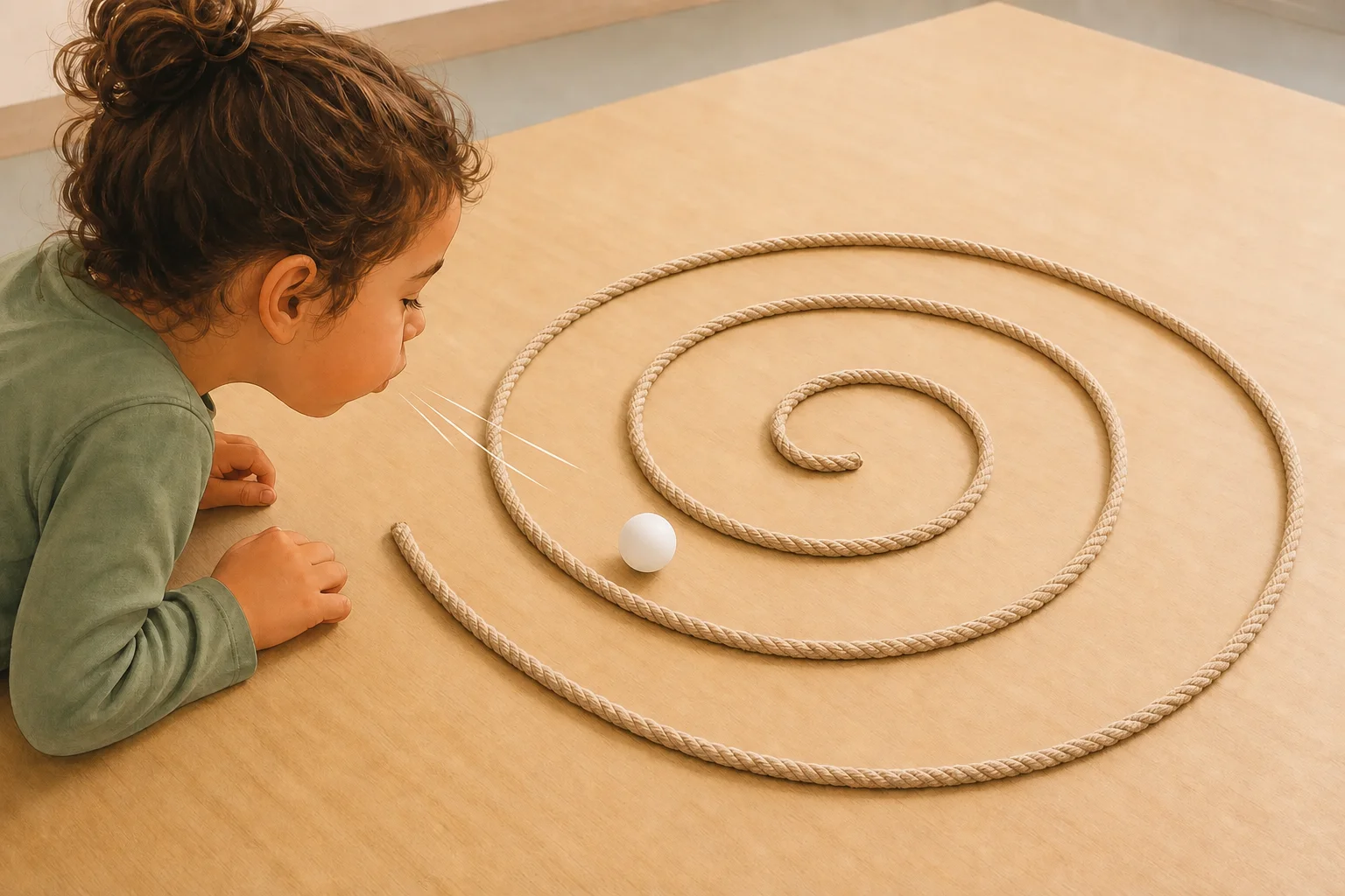 Illustration zur Lomiva-Idee „Puste-Spirale mit Tischtennisball“.