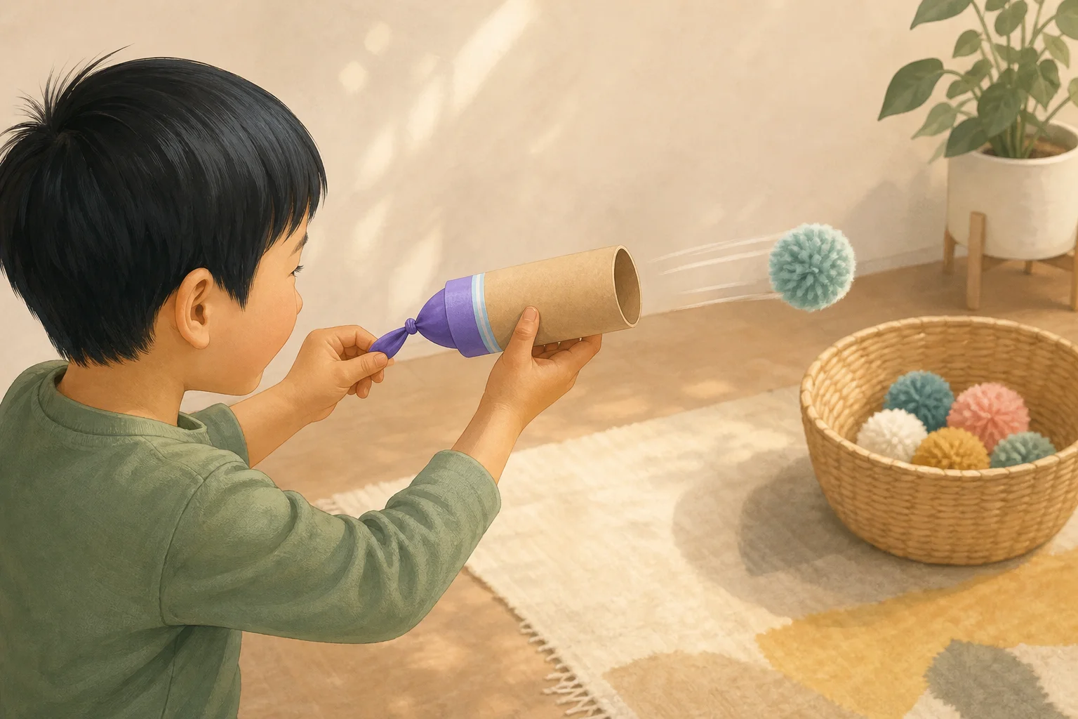Illustration zur Lomiva-Idee „Pompon-Schleuder aus Papprolle“.