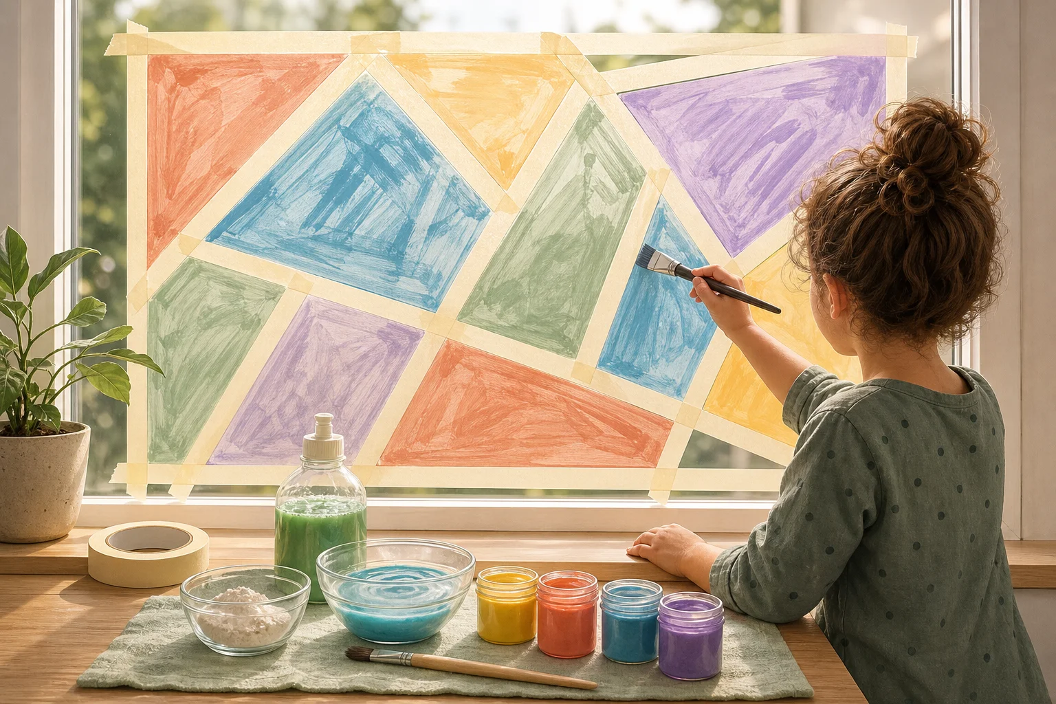 Illustration zur Lomiva-Idee „Fenster-Mosaik mit abwaschbarer Farbe“.