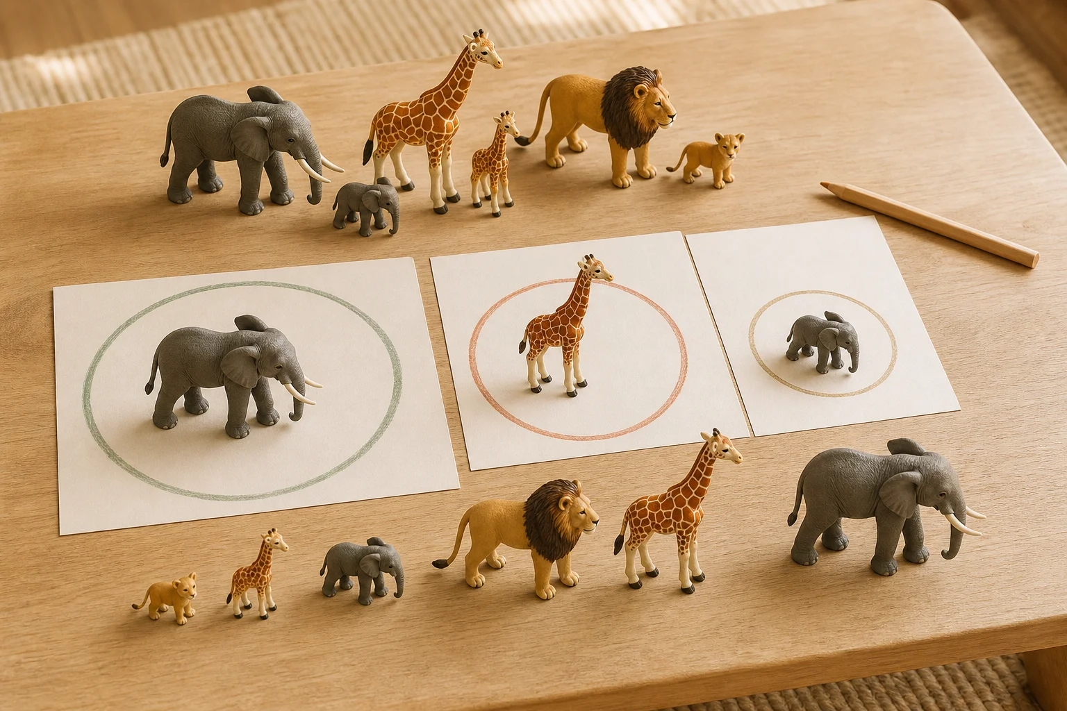 Illustration zur Lomiva-Idee „Groß oder klein? Tierfiguren vergleichen“.