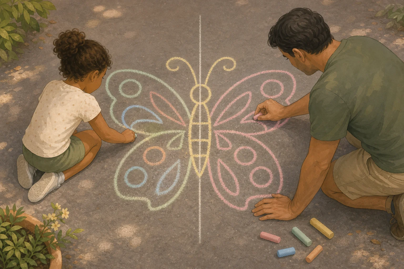 Illustration zur Lomiva-Idee „Straßenkreide-Symmetrie“.