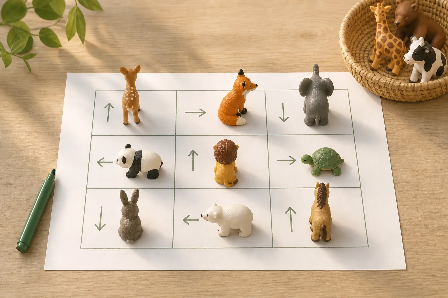 Illustration zur Lomiva-Idee „Tierfiguren nach Blickrichtung“.