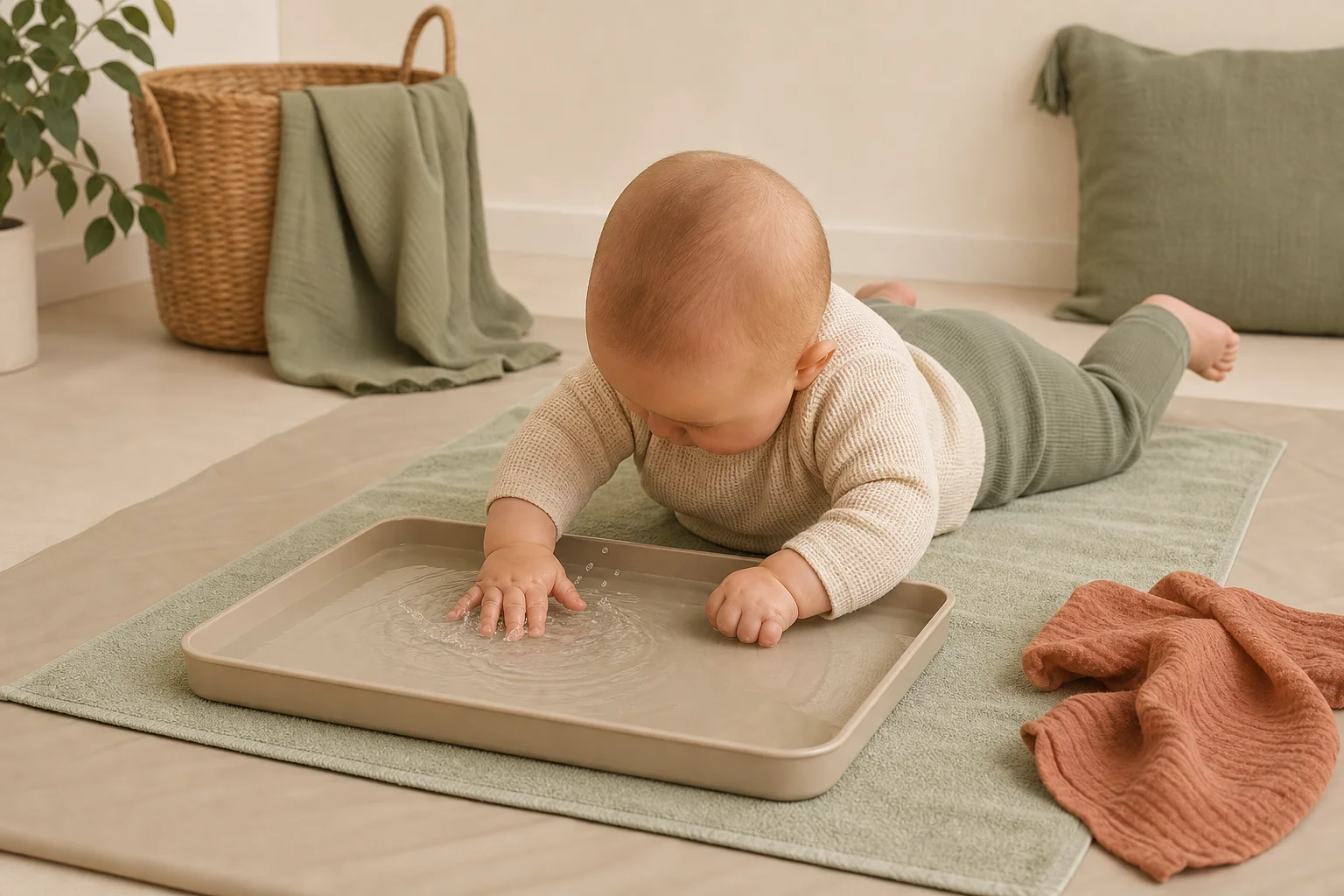 Illustration zur Lomiva-Idee „Wasser-Spieltablett in Bauchlage“.