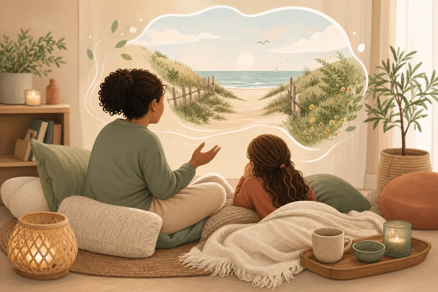 Illustration zur Lomiva-Idee „Fantasiereise zum Lieblingsort“.