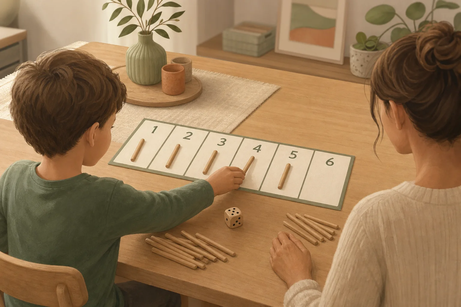 Illustration zur Lomiva-Idee „Würfel-Stäbchen-Spiel 1 bis 6“.