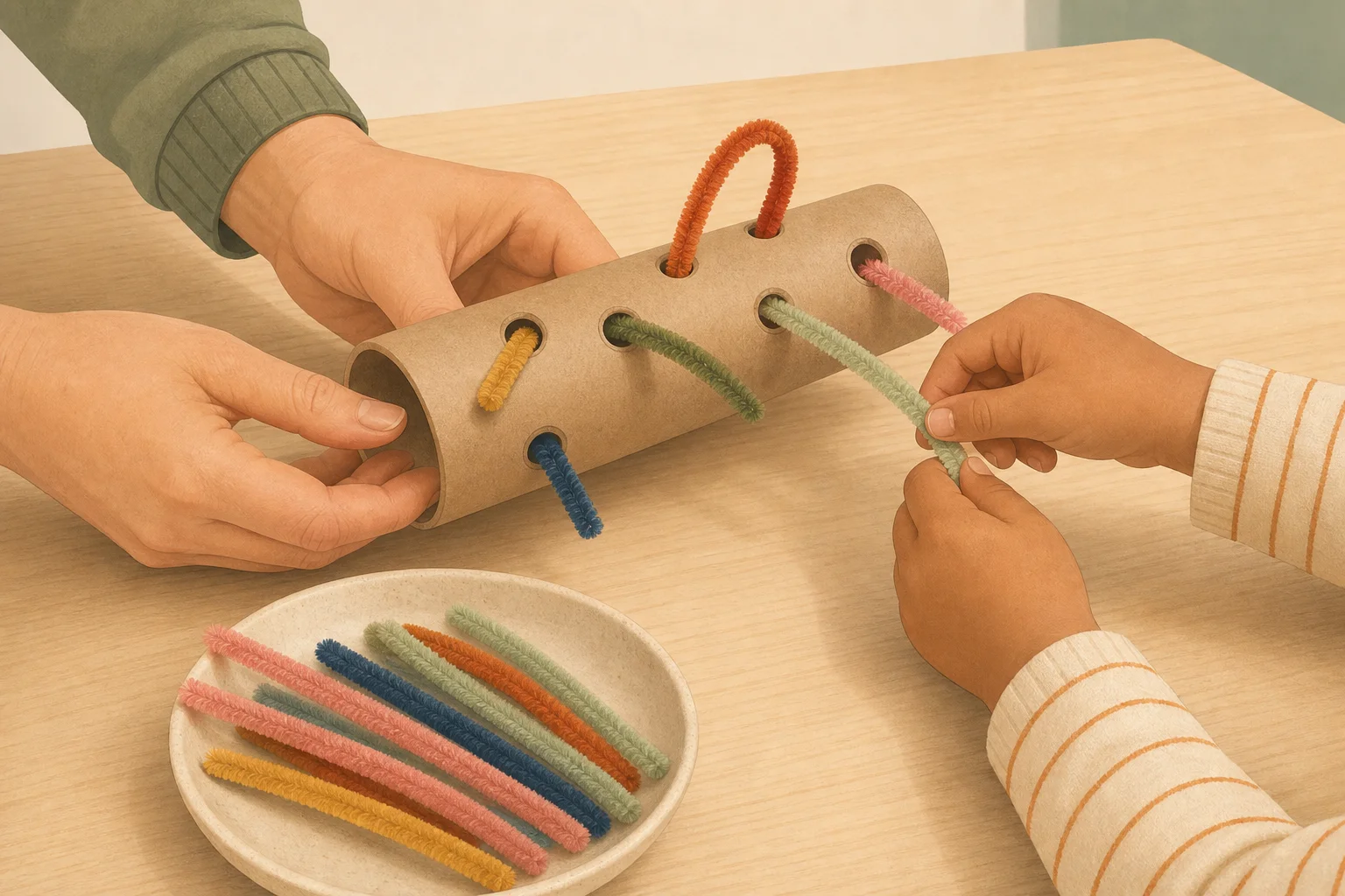 Illustration zur Lomiva-Idee „Pfeifenreiniger durch die Papprolle“.