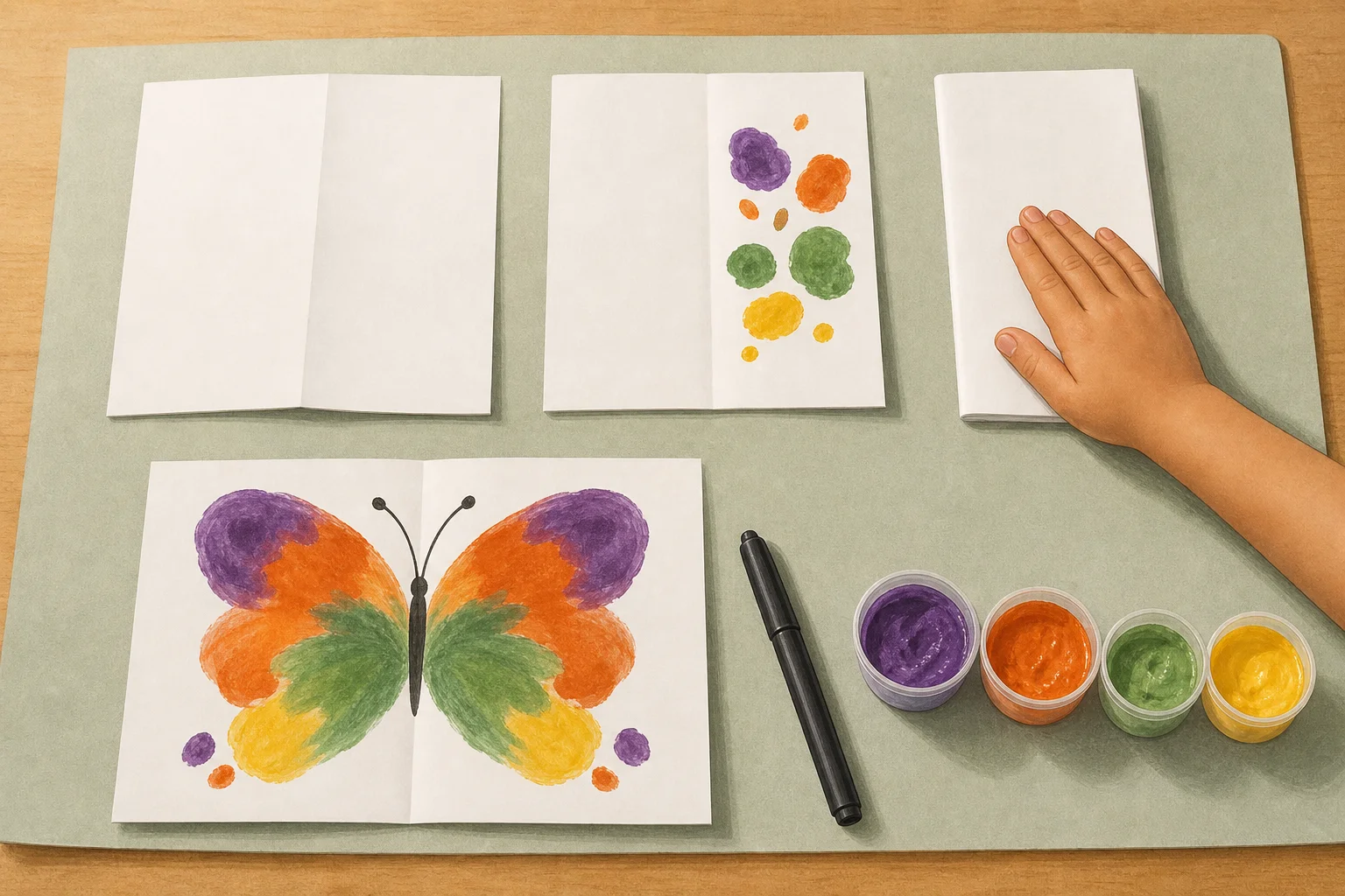 Illustration zur Lomiva-Idee „Klappdruck: Ein Schmetterling erscheint“.