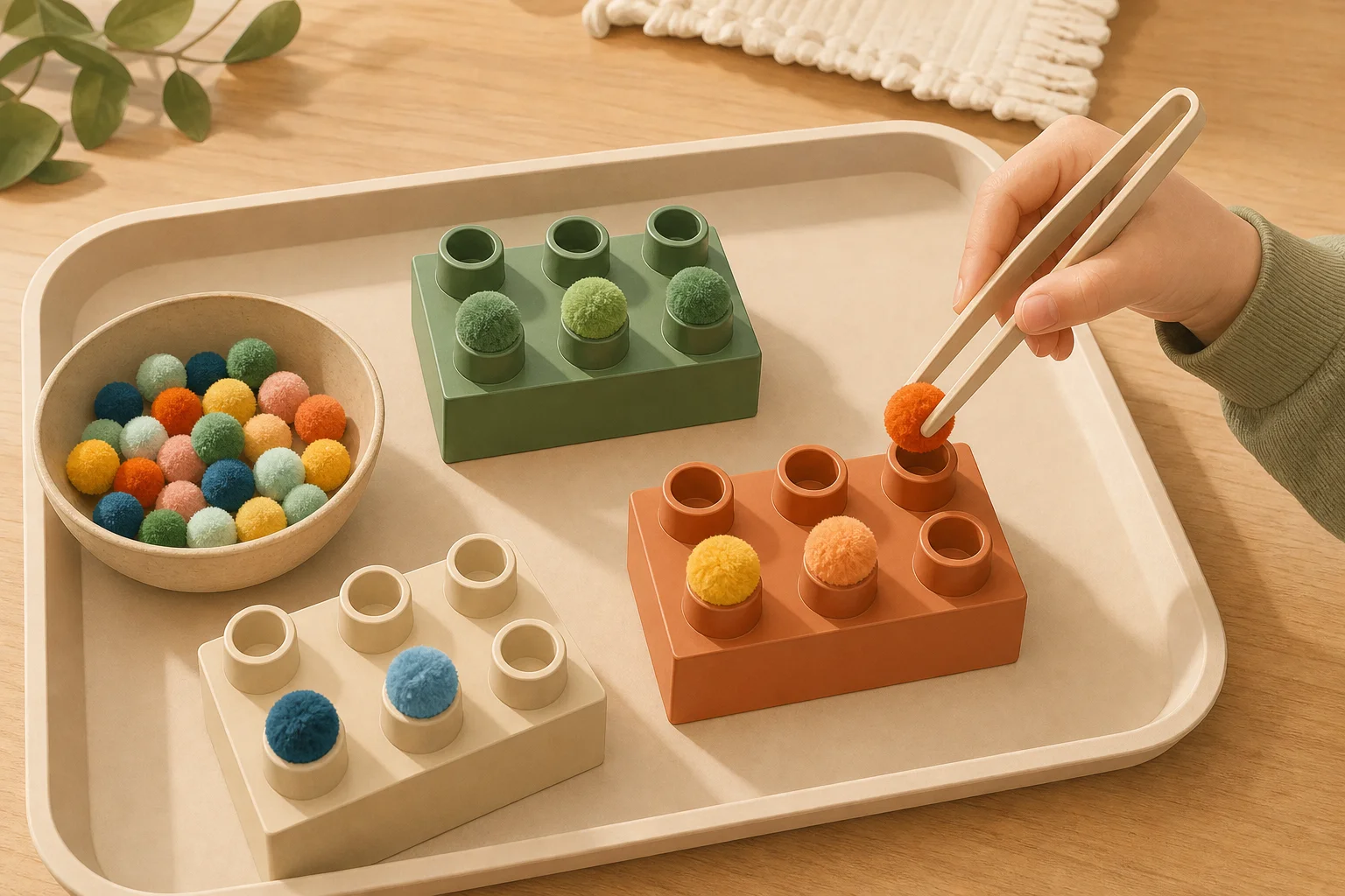 Illustration zur Lomiva-Idee „Pompoms mit Pinzette auf Noppenbausteine“.