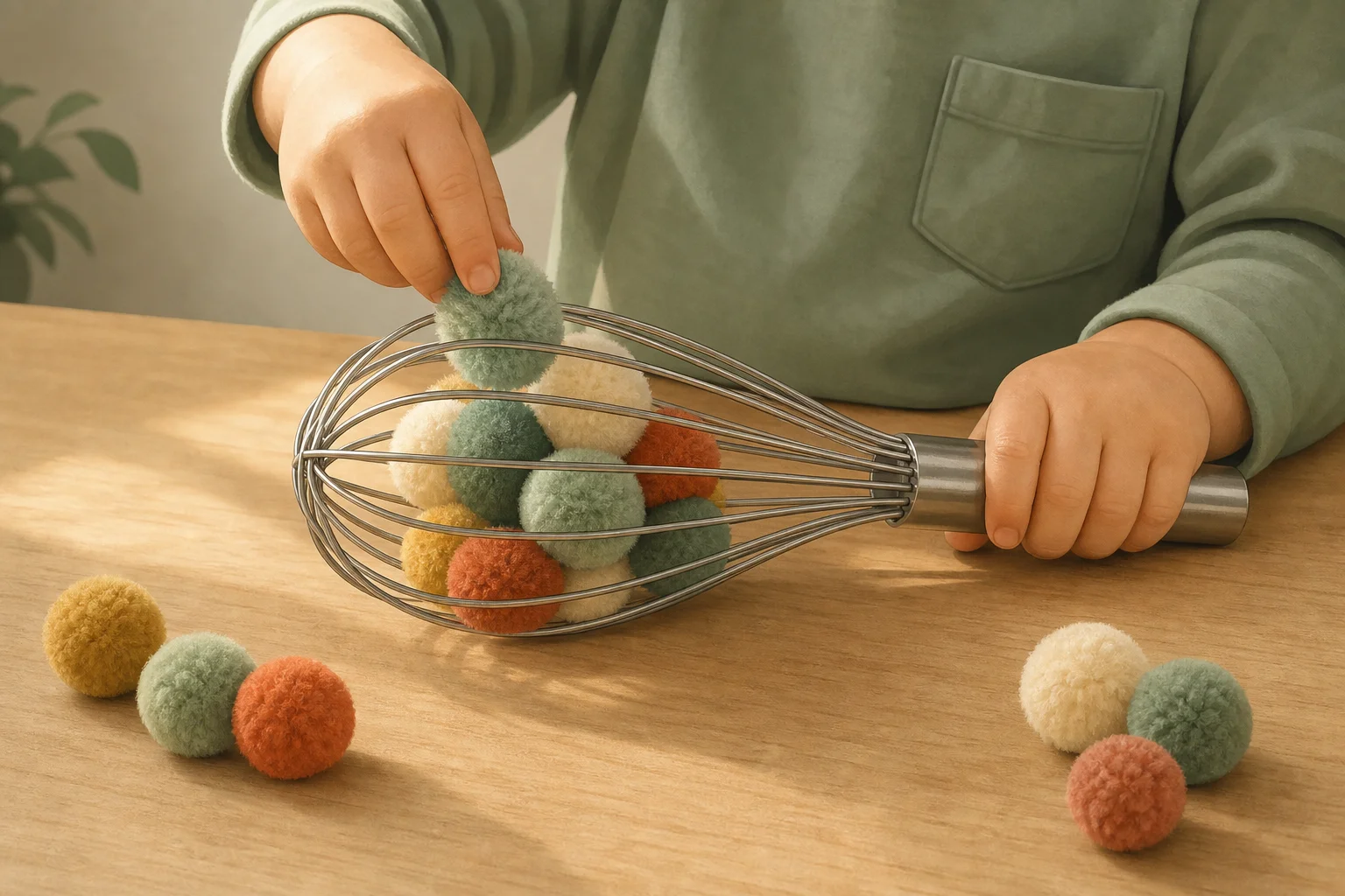 Illustration zur Lomiva-Idee „Pompons aus dem Schneebesen befreien“.